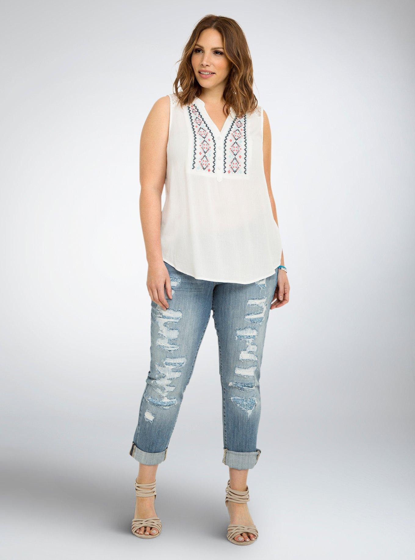 Plus Size Torrid Premium Boyfriend Jeans - Light Wash with Paisley Destruction (Regular), INDIGO PAISLEY, alternate