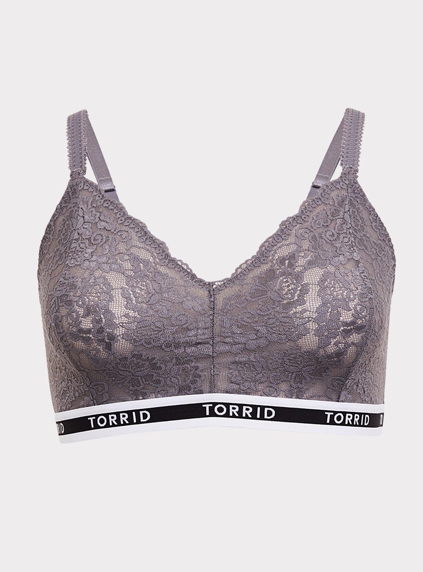Plus Size Torrid Logo Slate Grey Lace Bralette, DARK PEARL GREY, hi-res