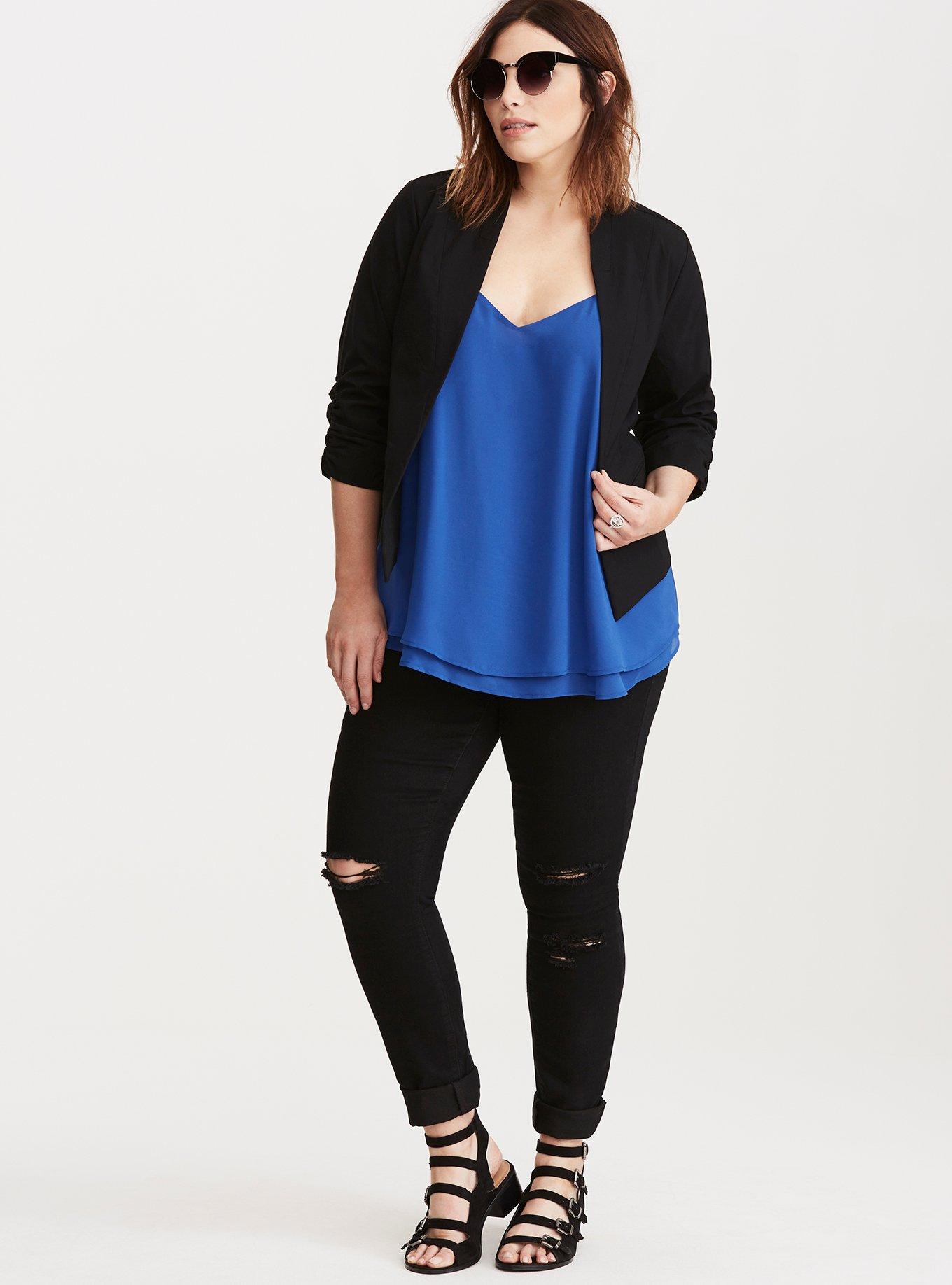 Plus Size Deluxe Stretch Ruched Sleeved Blazer, BLACK, alternate