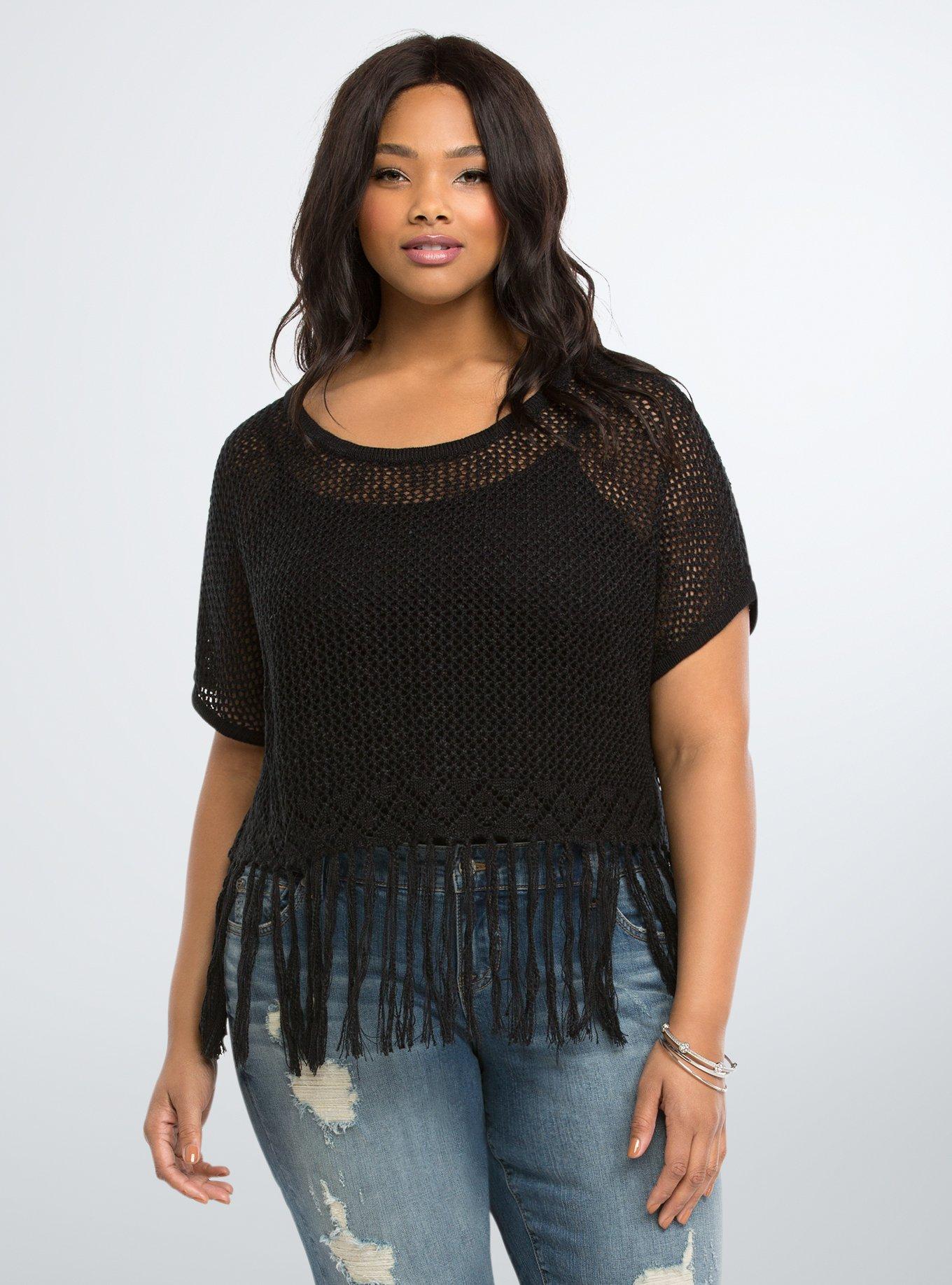 Plus Size - Open Stitch Fringe Crop Top - Torrid