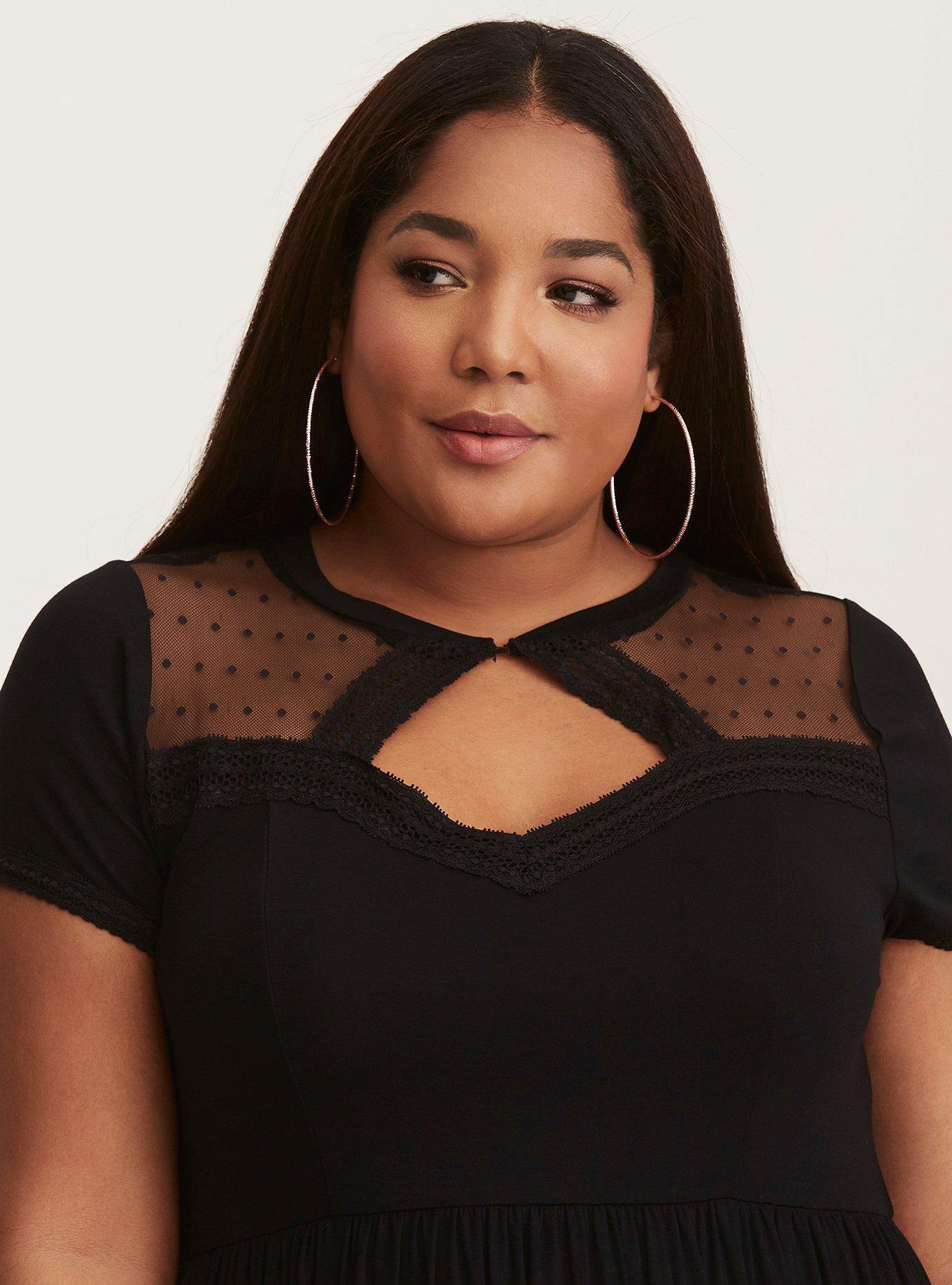 Plus Size - Dot Mesh Inset Skater Dress - Torrid