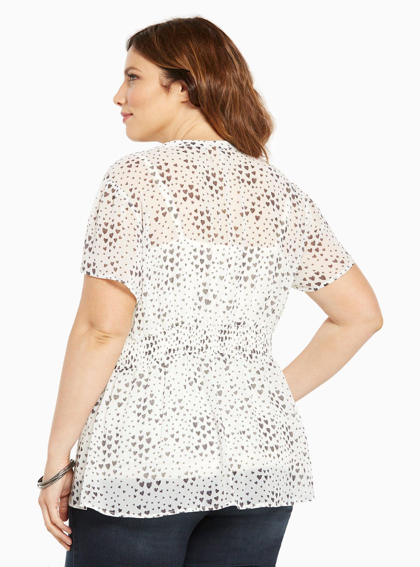 Plus Size Heart Print Chiffon Ruffle Top, WASHED OUT HEARTS, alternate