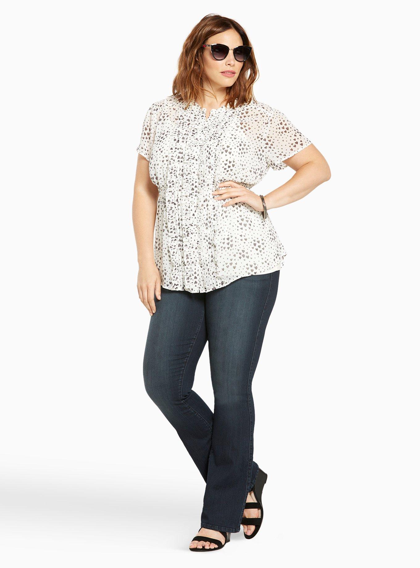 Plus Size Heart Print Chiffon Ruffle Top, WASHED OUT HEARTS, alternate