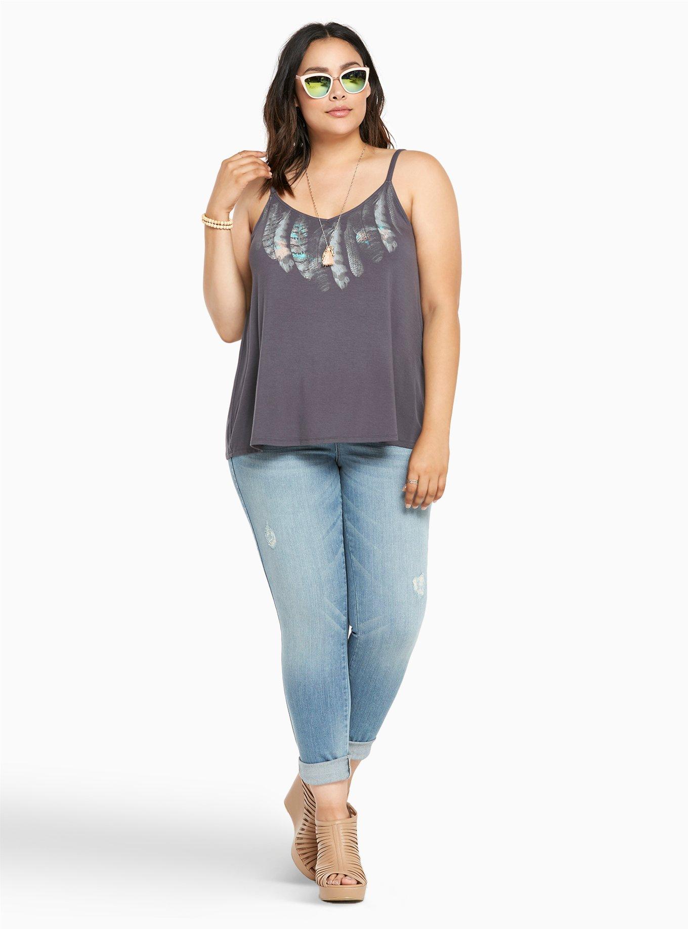 Plus Size Feather Print Swing Tank Top, HEATHER GREY, alternate