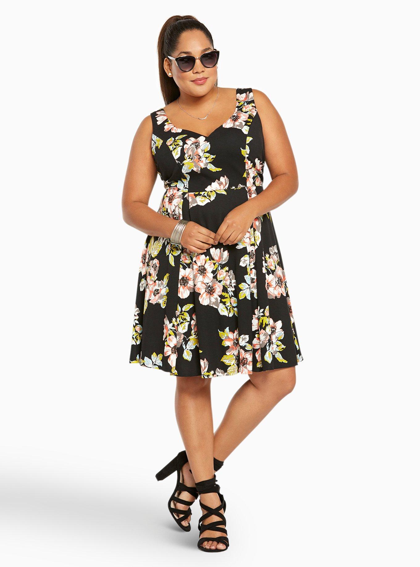 Floral Print Ponte Pleated Skater Dress, TECHNO FLORAL, alternate