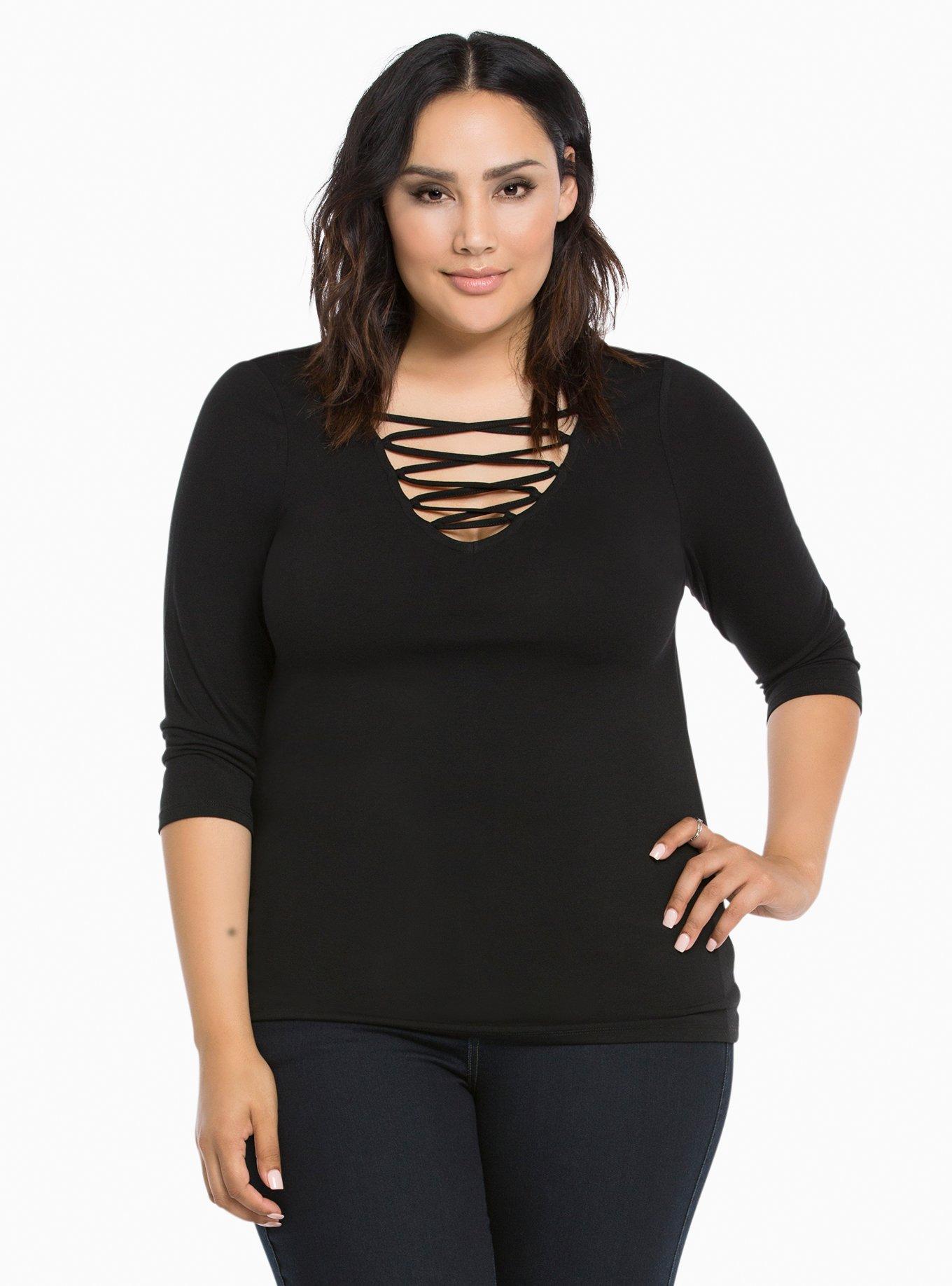 Plus Size Low-Cut Cleavage Wide Band V-Neck T-Shirt Short Sleeve Tee Top