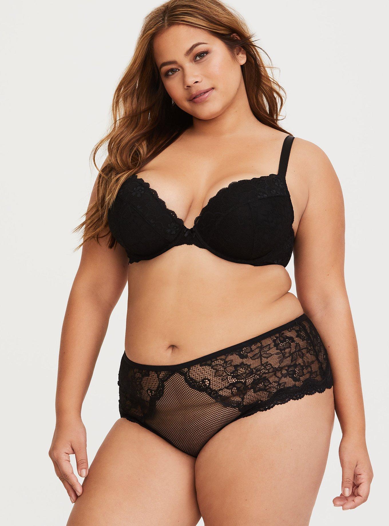 Plus Size Mesh And Lace Cheeky Panty With Keyhole Back, RICH BLACK, alternate