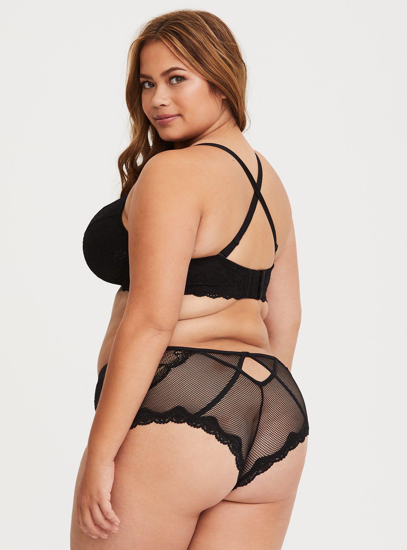 Plus Size Mesh And Lace Cheeky Panty With Keyhole Back, RICH BLACK, alternate