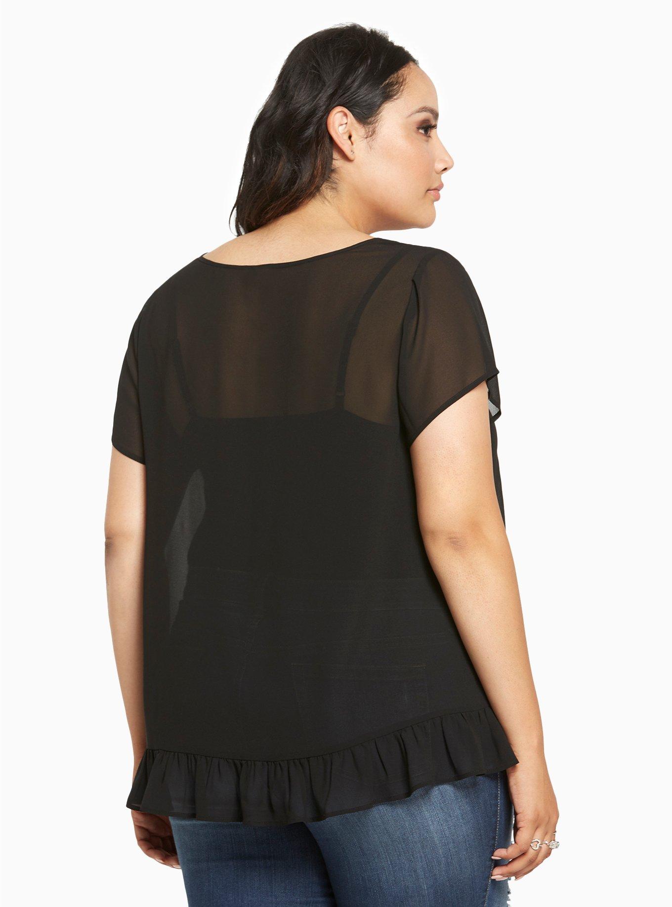 Plus Size Embroidered Chiffon Ruffle Hem Top, BIRCH, alternate