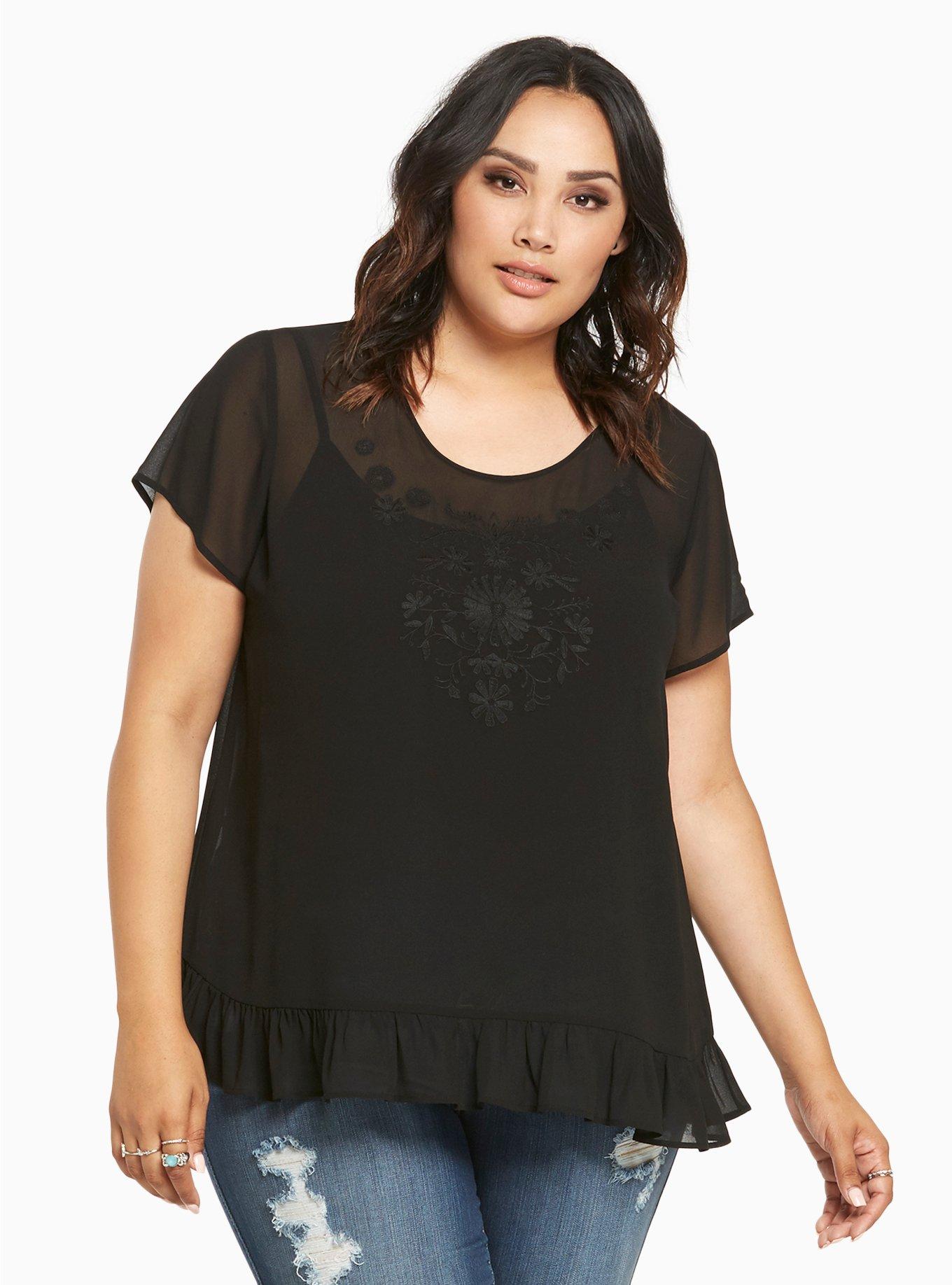 Plus Size - Embroidered Chiffon Ruffle Hem Top - Torrid