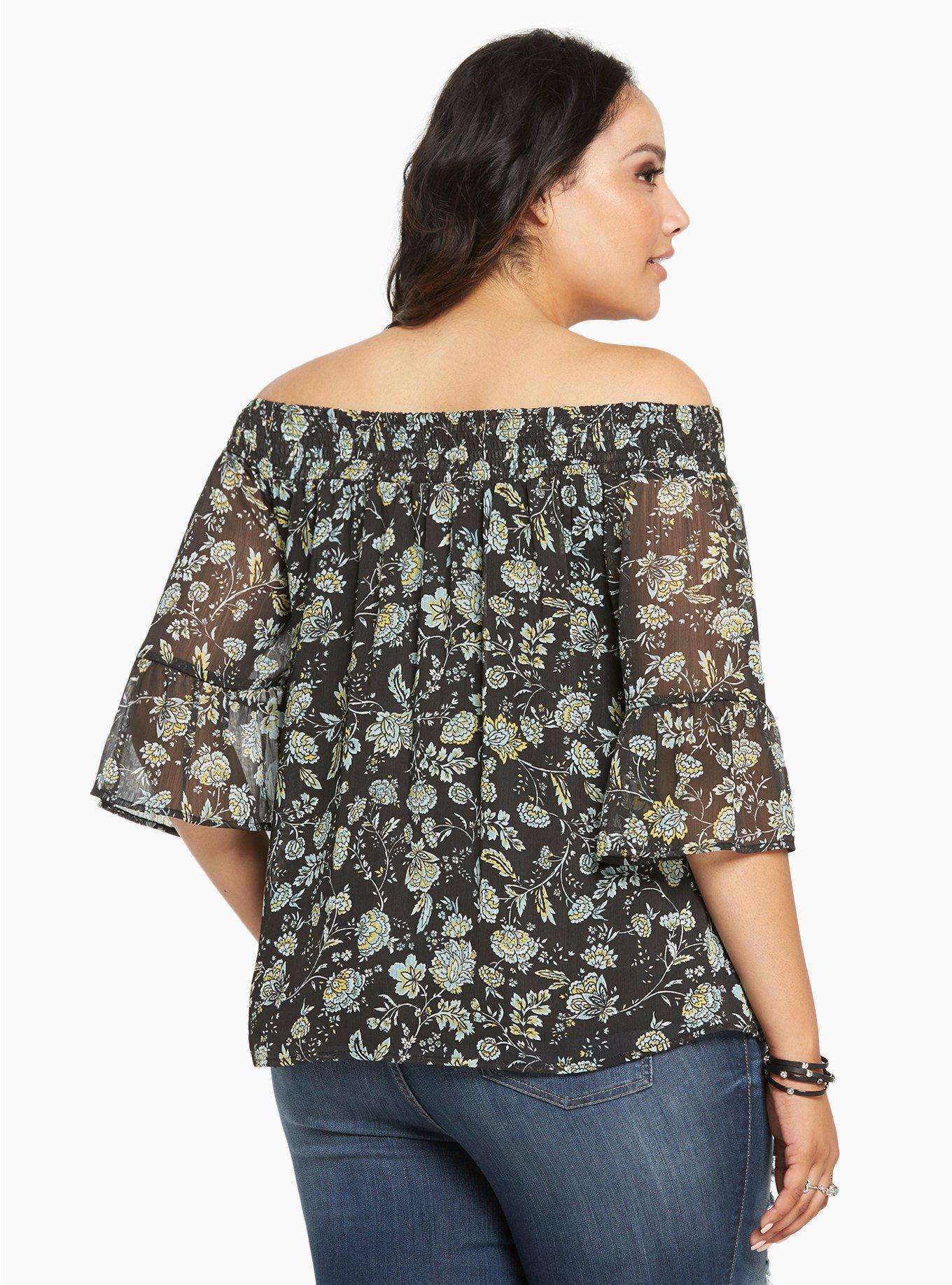 Off Shoulder Top with Bell Sleeves - Floral Prints