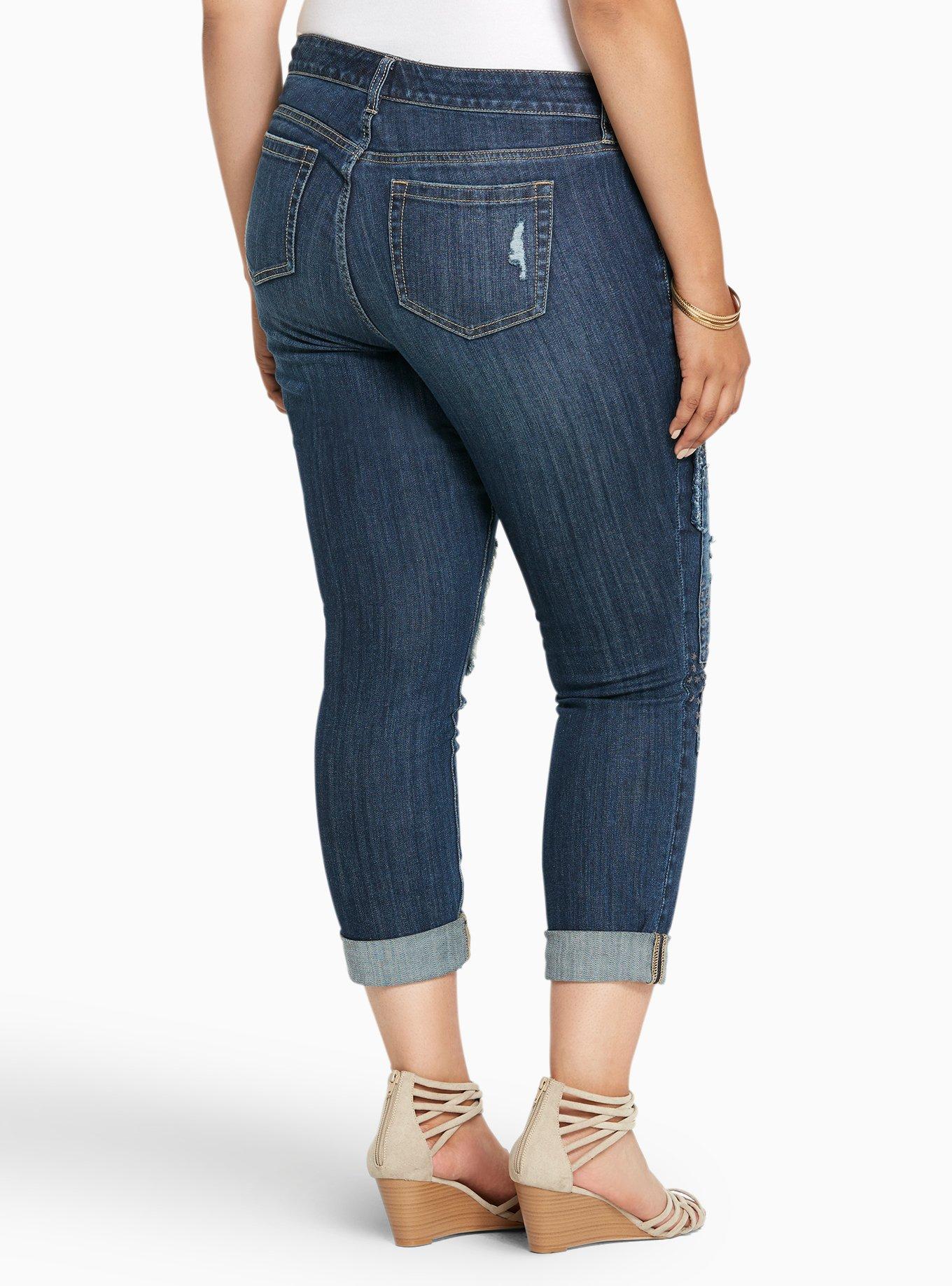 Premium Boyfriend Jean - Dark Wash with Patch Embroidery, BLUE, alternate