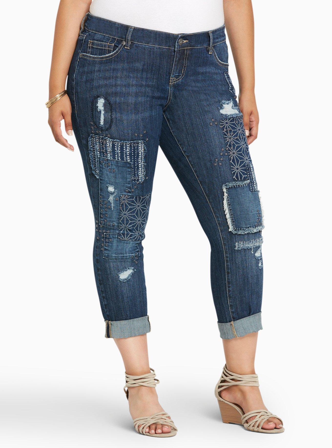 Premium Boyfriend Jean - Dark Wash with Patch Embroidery, BLUE, hi-res