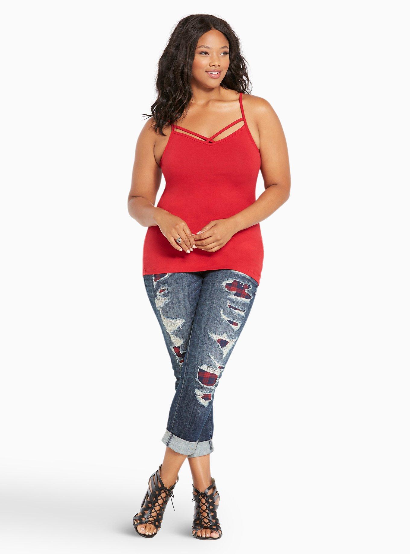 Plus Size Torrid Premium Boyfriend Jeans - Dark Wash with Plaid Destruction, BLUE, alternate