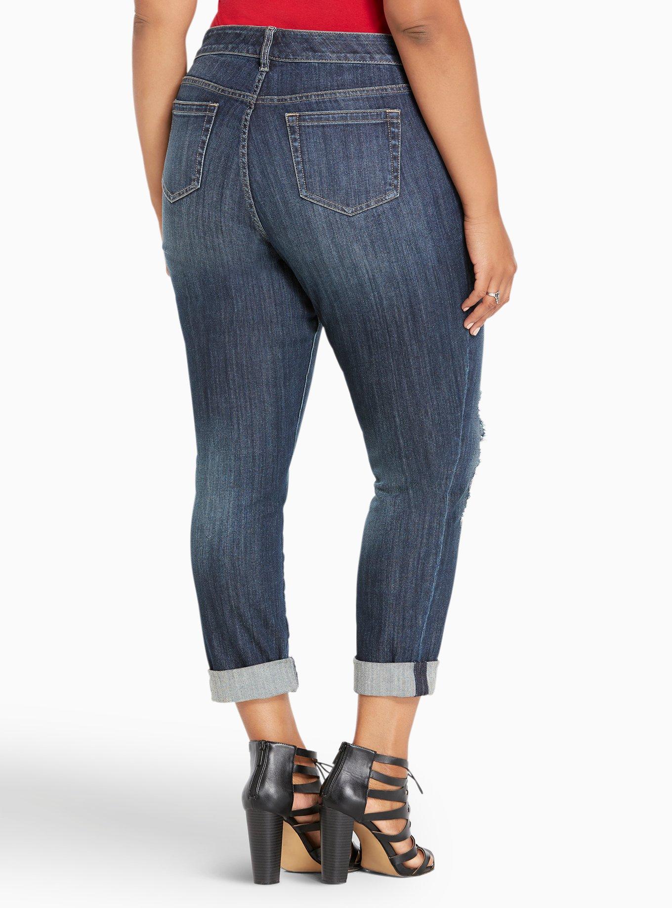 Plus Size Torrid Premium Boyfriend Jeans - Dark Wash with Plaid Destruction, BLUE, alternate
