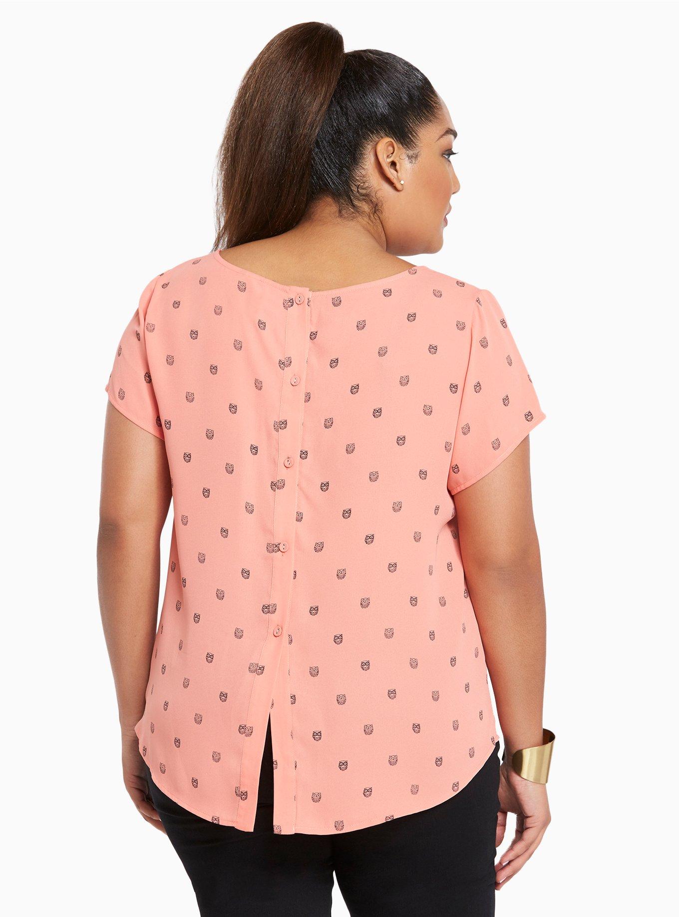 Plus Size Owl Print Georgette Button Back Top, WHO GIVES A HOOT, alternate