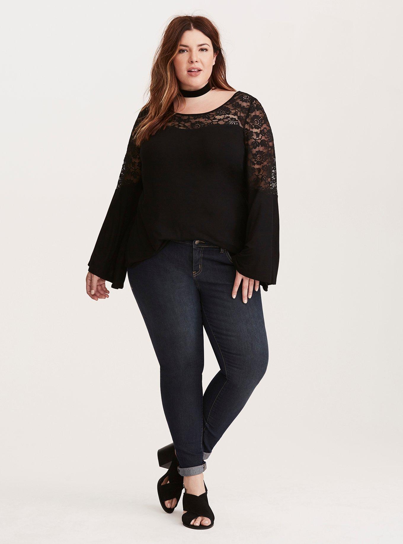Plus Size Lace Inset Bell Sleeve Top, DEEP BLACK, alternate