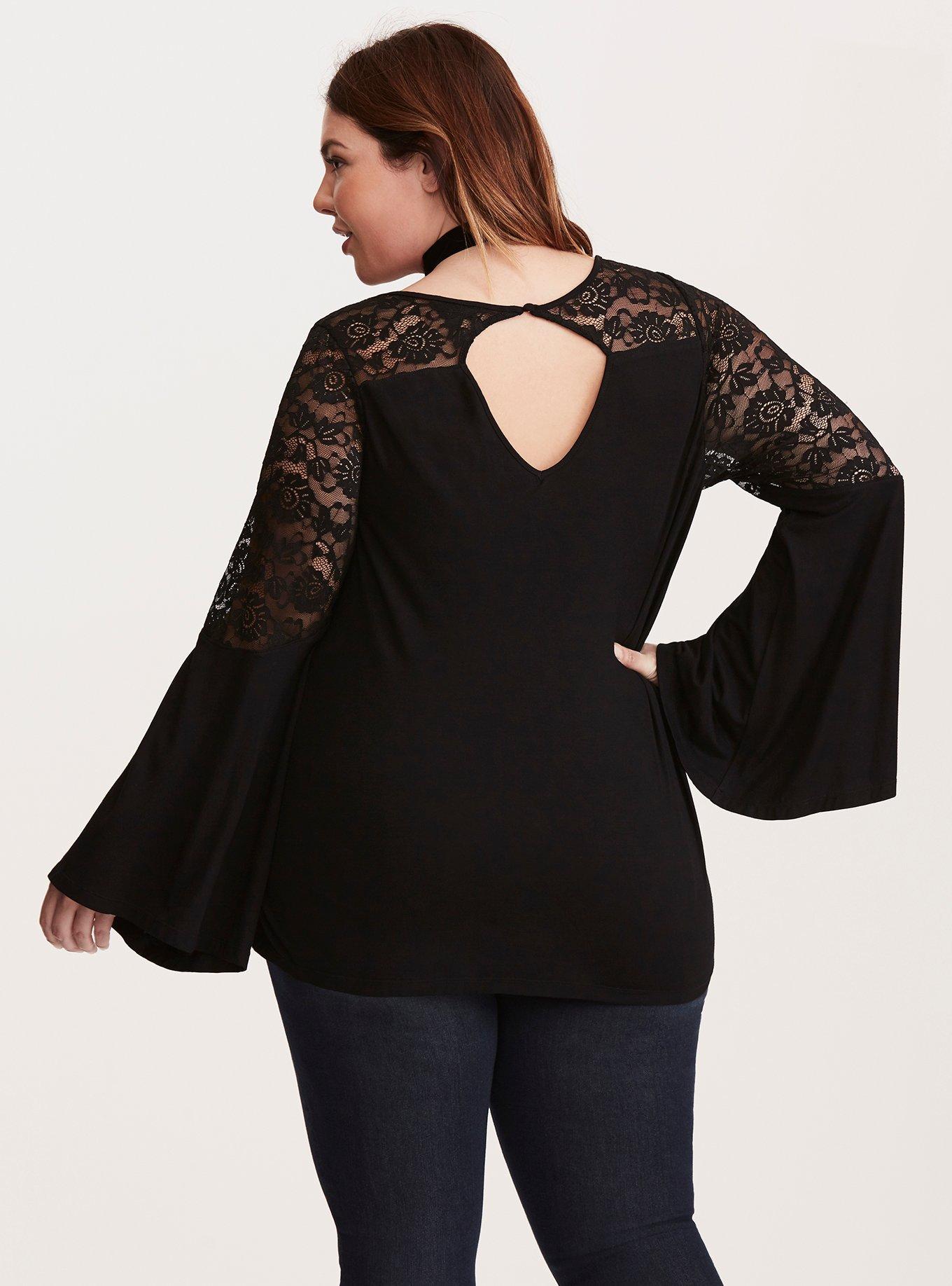 Plus Size Lace Inset Bell Sleeve Top, DEEP BLACK, alternate