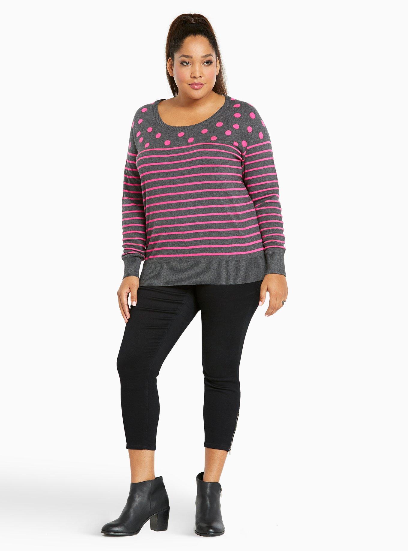 Plus Size Polka Dot Striped Sweater, CHARCOAL HEATHER, alternate
