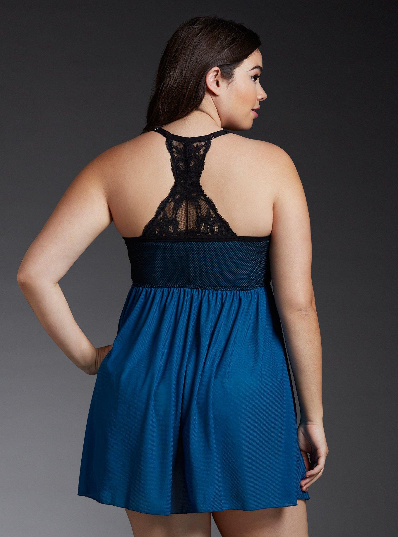 Plus Size Mesh Lace Halter Babydoll, MOROCCOAN BLUE, alternate