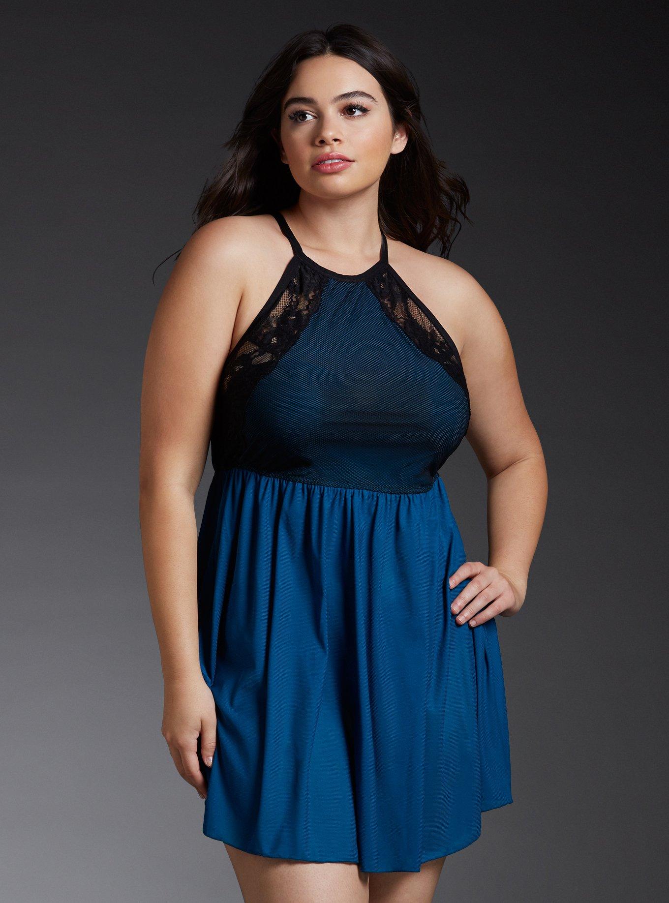 Plus Size Mesh Lace Halter Babydoll, MOROCCOAN BLUE, hi-res