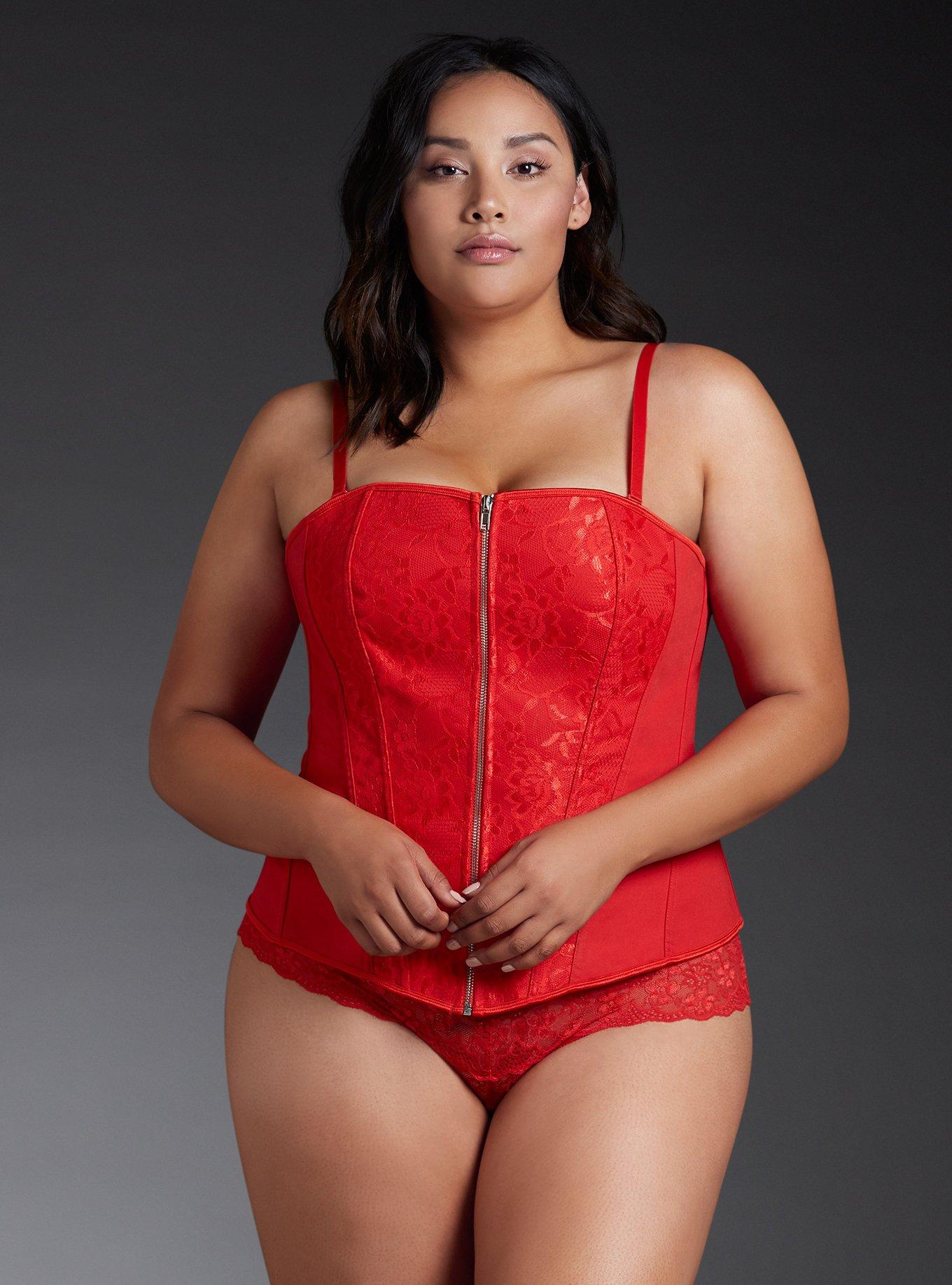 Lace Front Lace Up Back Bustier, RACING RED, alternate