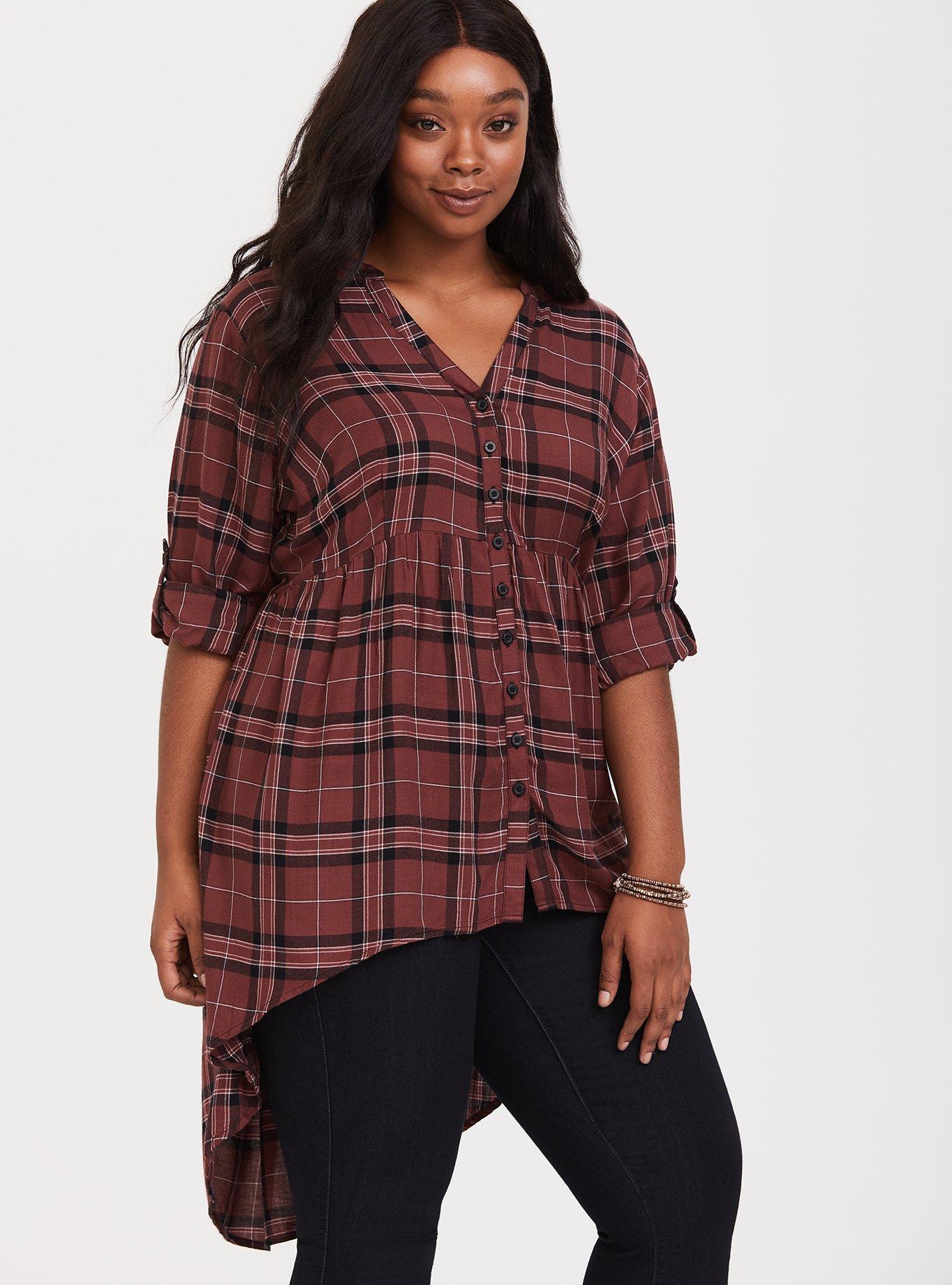 Plus Size - Rayon Hi-Low Button-Front Long Sleeve Tunic - Torrid