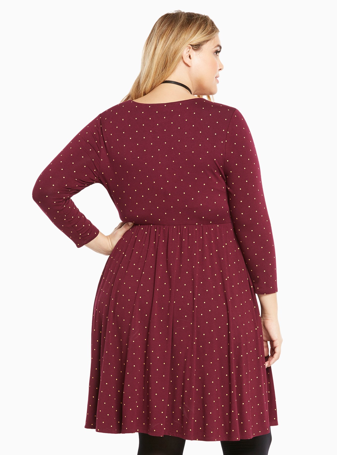 Burgundy Dot Print Surplice Skater Dress, , alternate