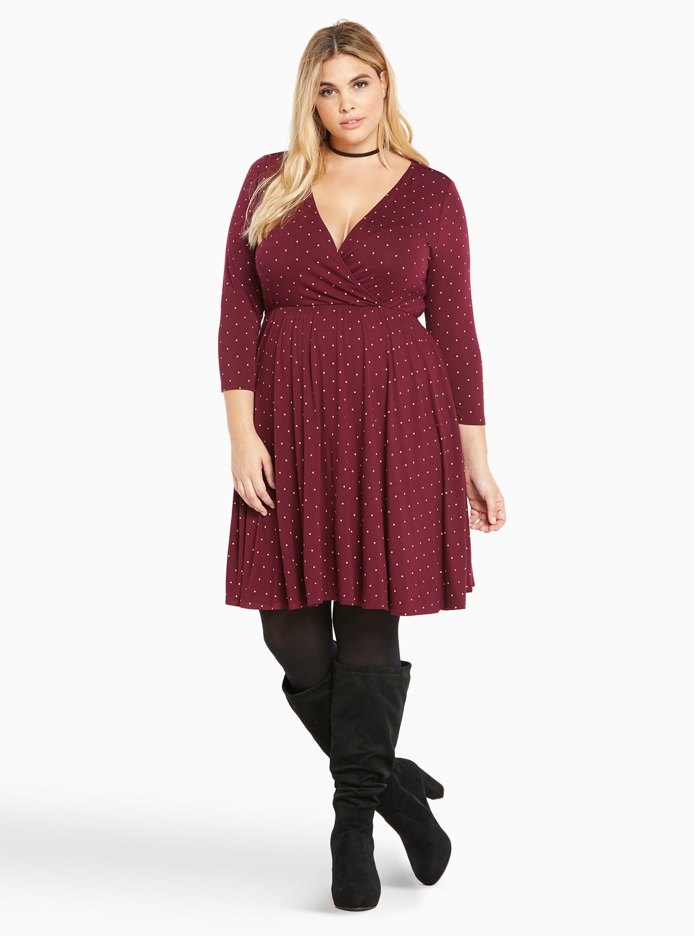 Burgundy Dot Print Surplice Skater Dress, , alternate