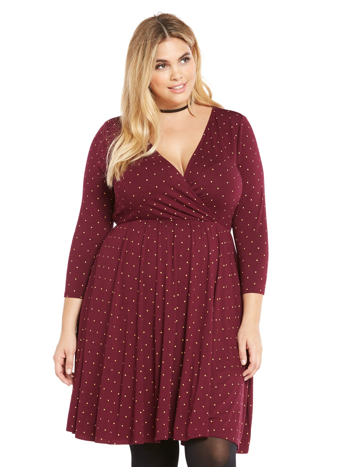 Burgundy Dot Print Surplice Skater Dress, , hi-res