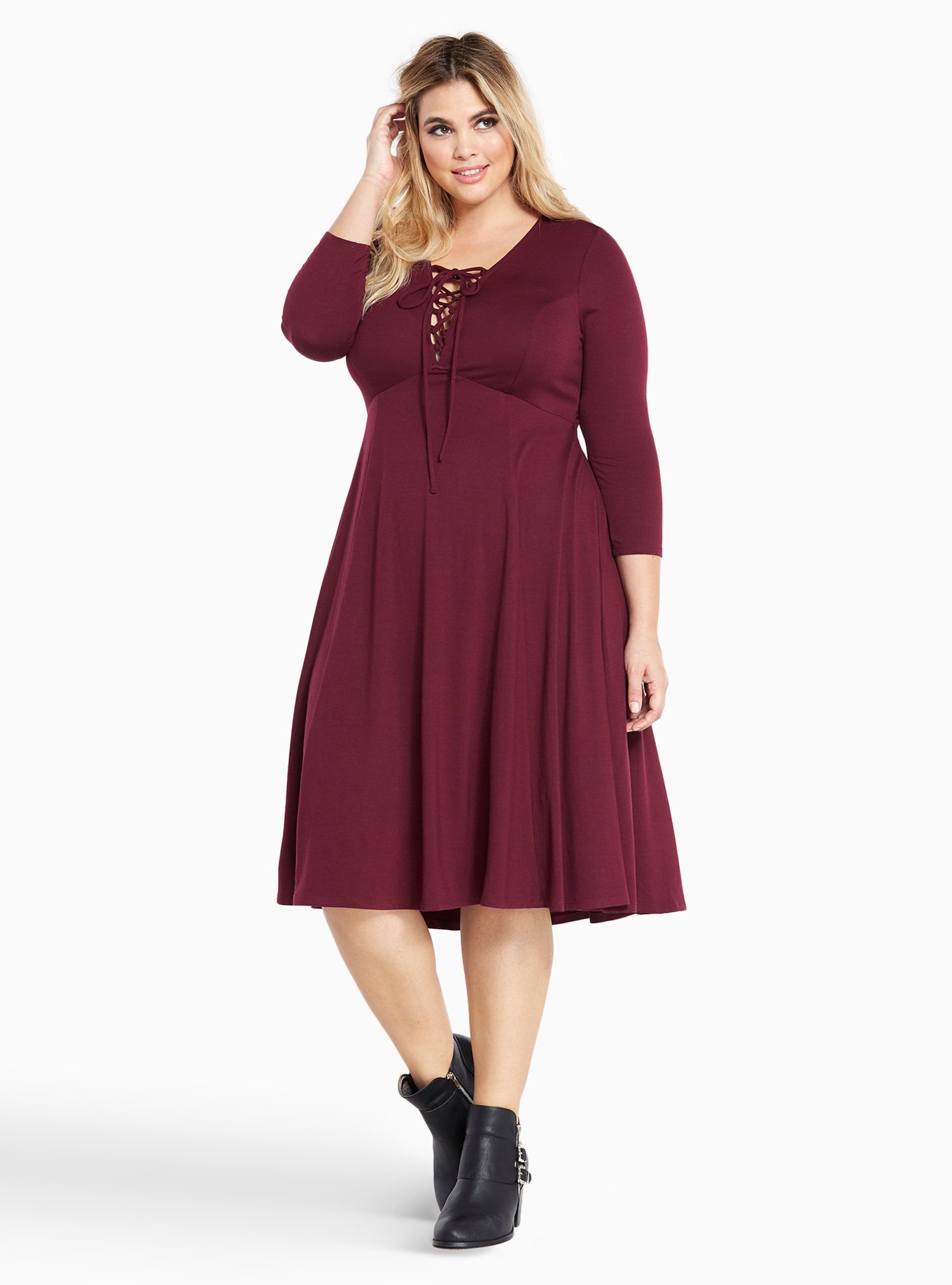 Lace Up Neck Knit Midi Dress, , alternate