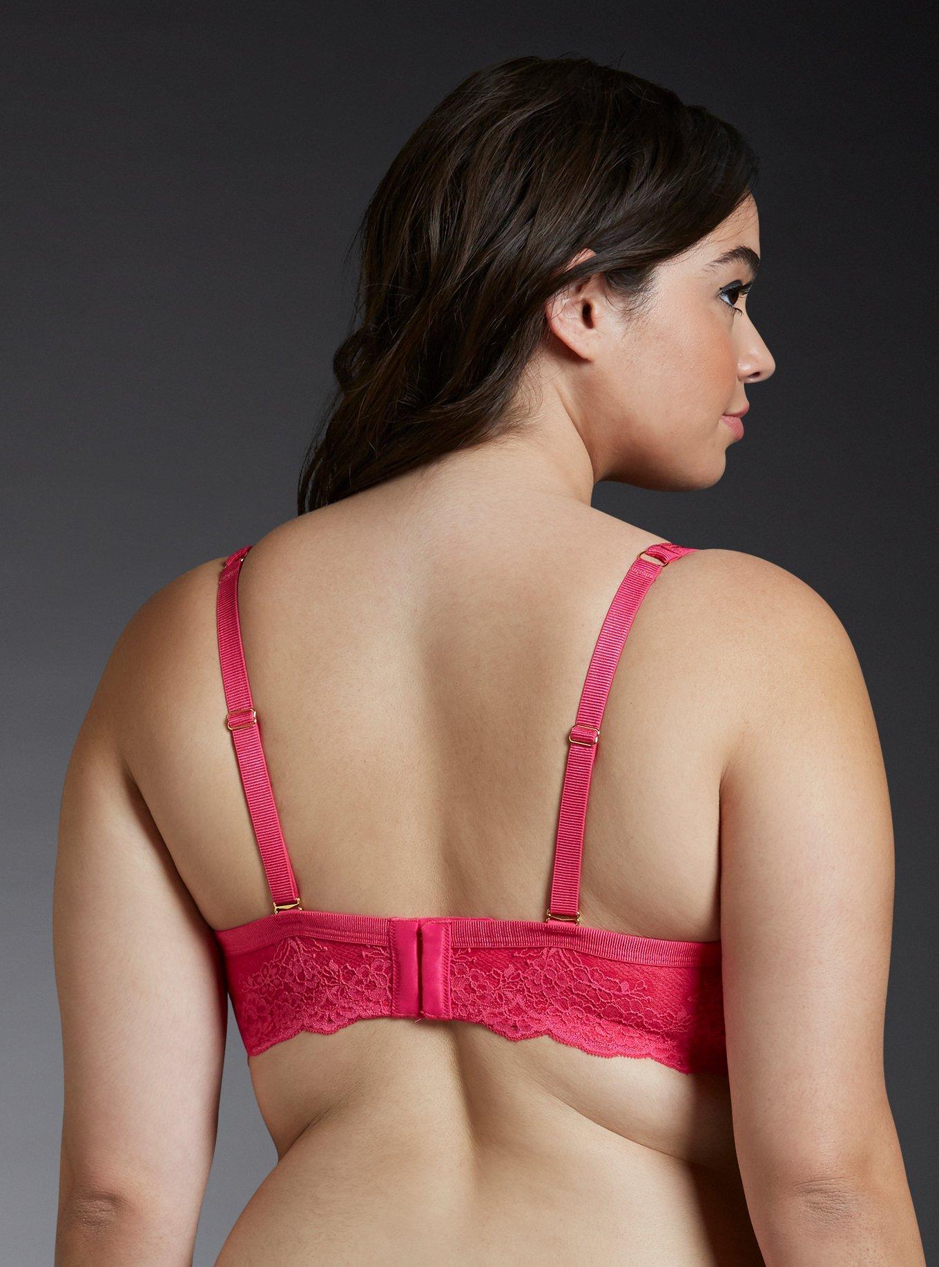 Plus Size Plunge Push-Up Lace With Ribbon Straps Straight Back Bra, PINK PEACOCK, alternate