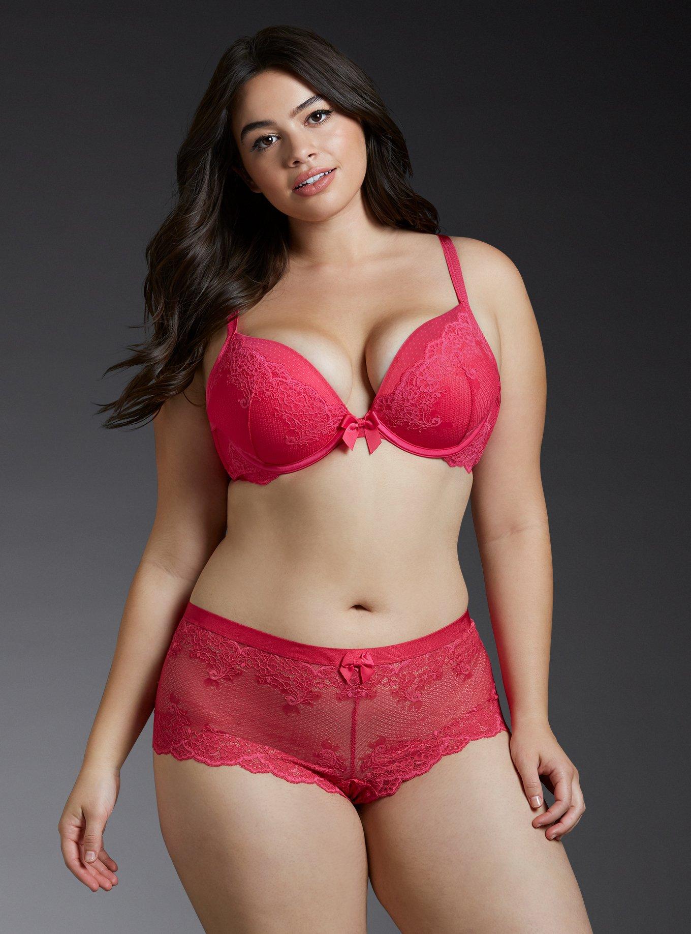Plus Size Plunge Push-Up Lace With Ribbon Straps Straight Back Bra, PINK PEACOCK, alternate