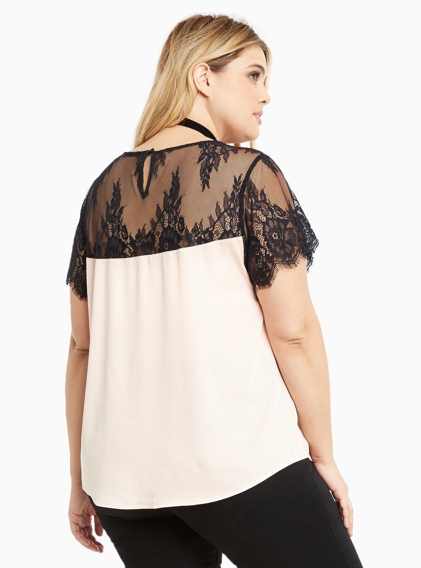 Plus Size Lace Inset Satin Blouse, PALE BLUSH, alternate