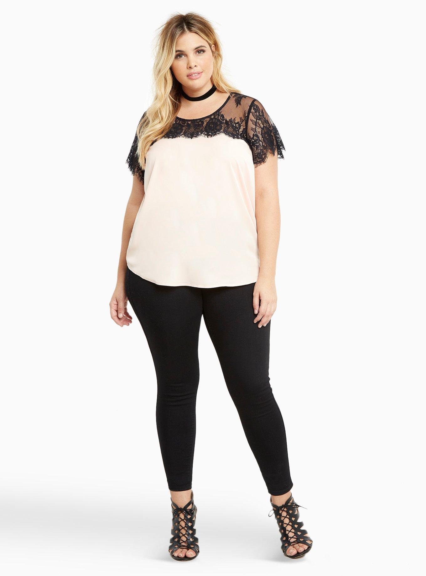 Plus Size Lace Inset Satin Blouse, PALE BLUSH, alternate