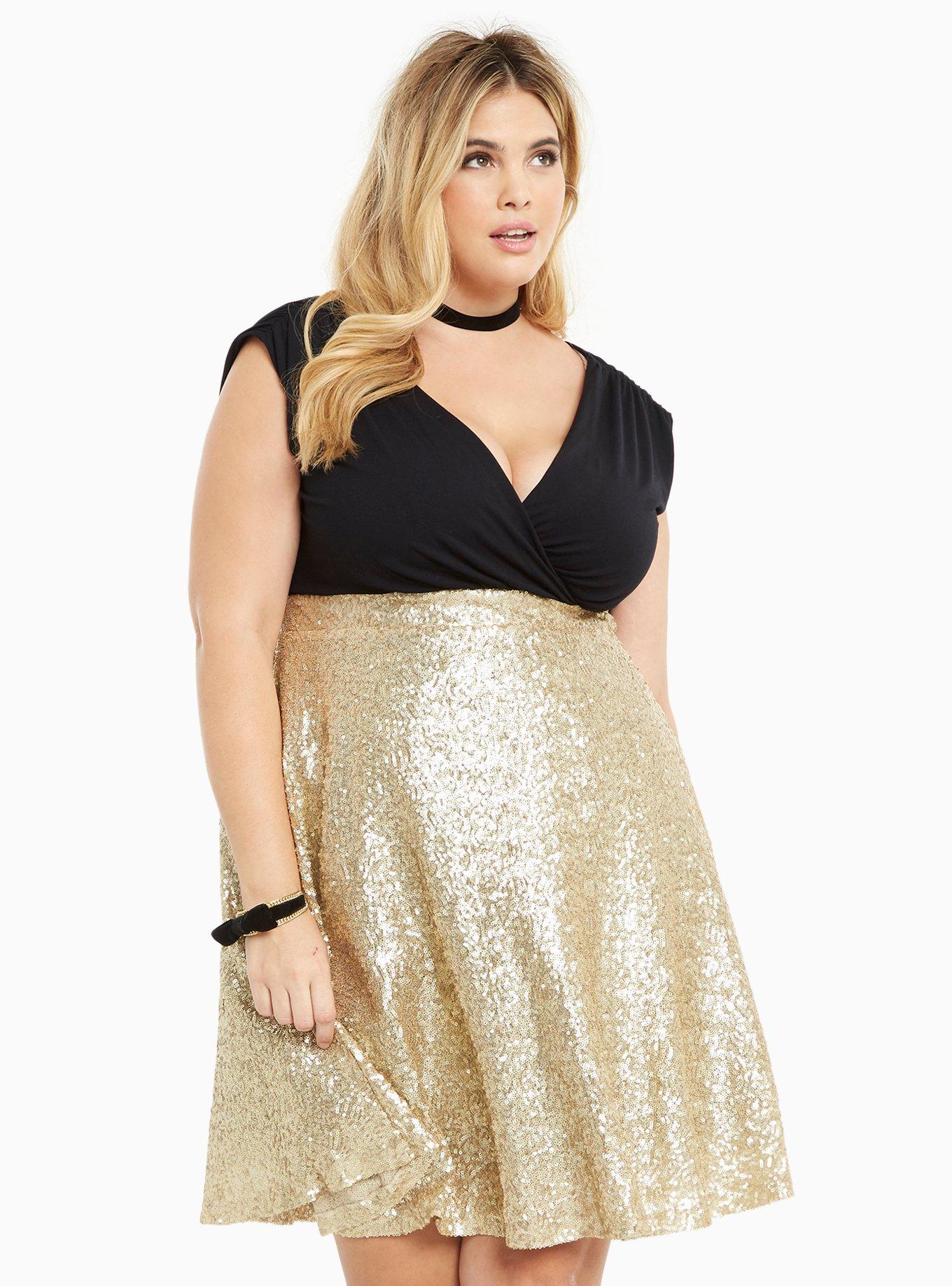 Plus Size Sequin Surplice Dress, GOLD, hi-res