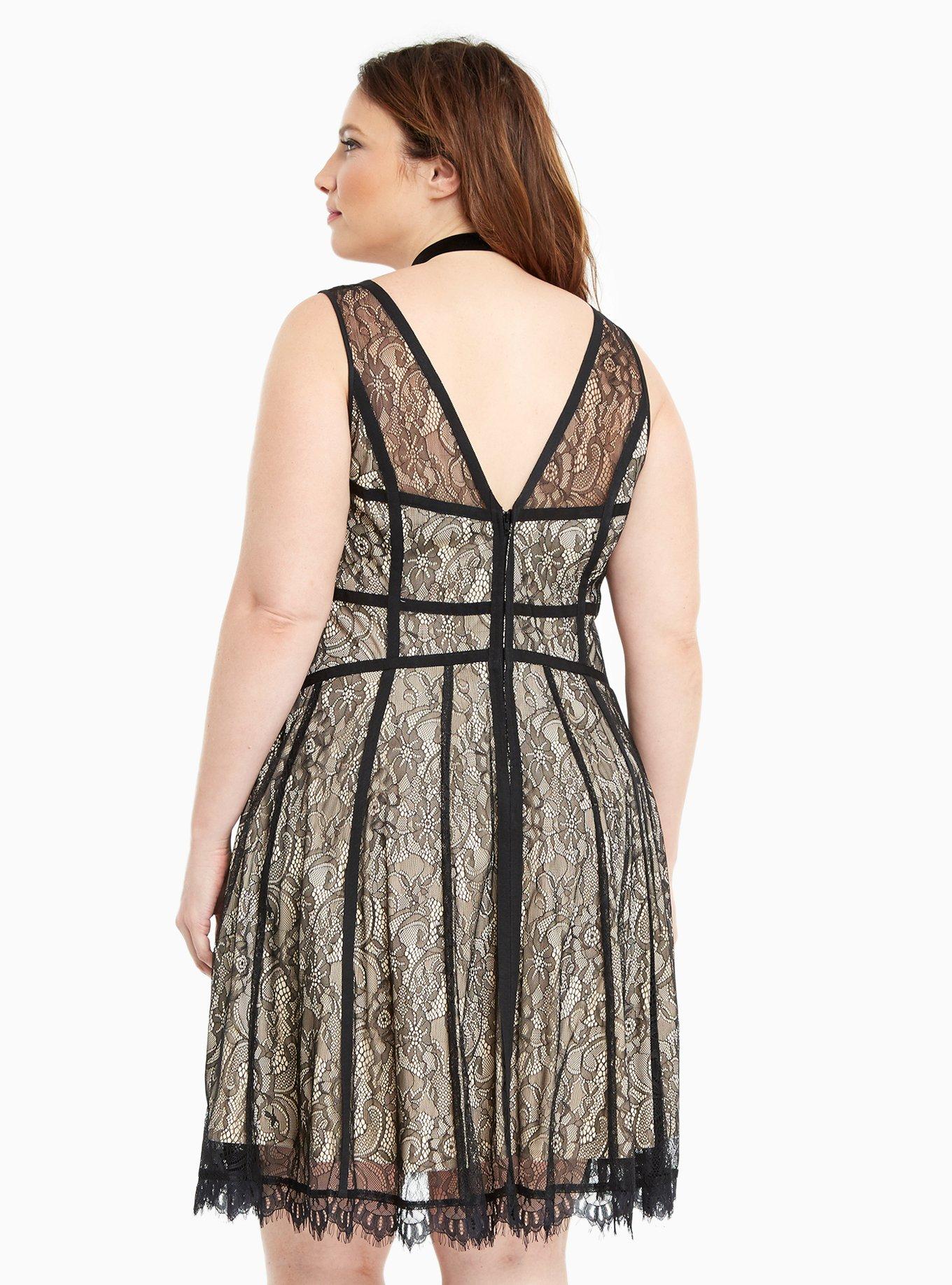 Plus Size Lace Strappy Skater Dress, DEEP BLACK, alternate