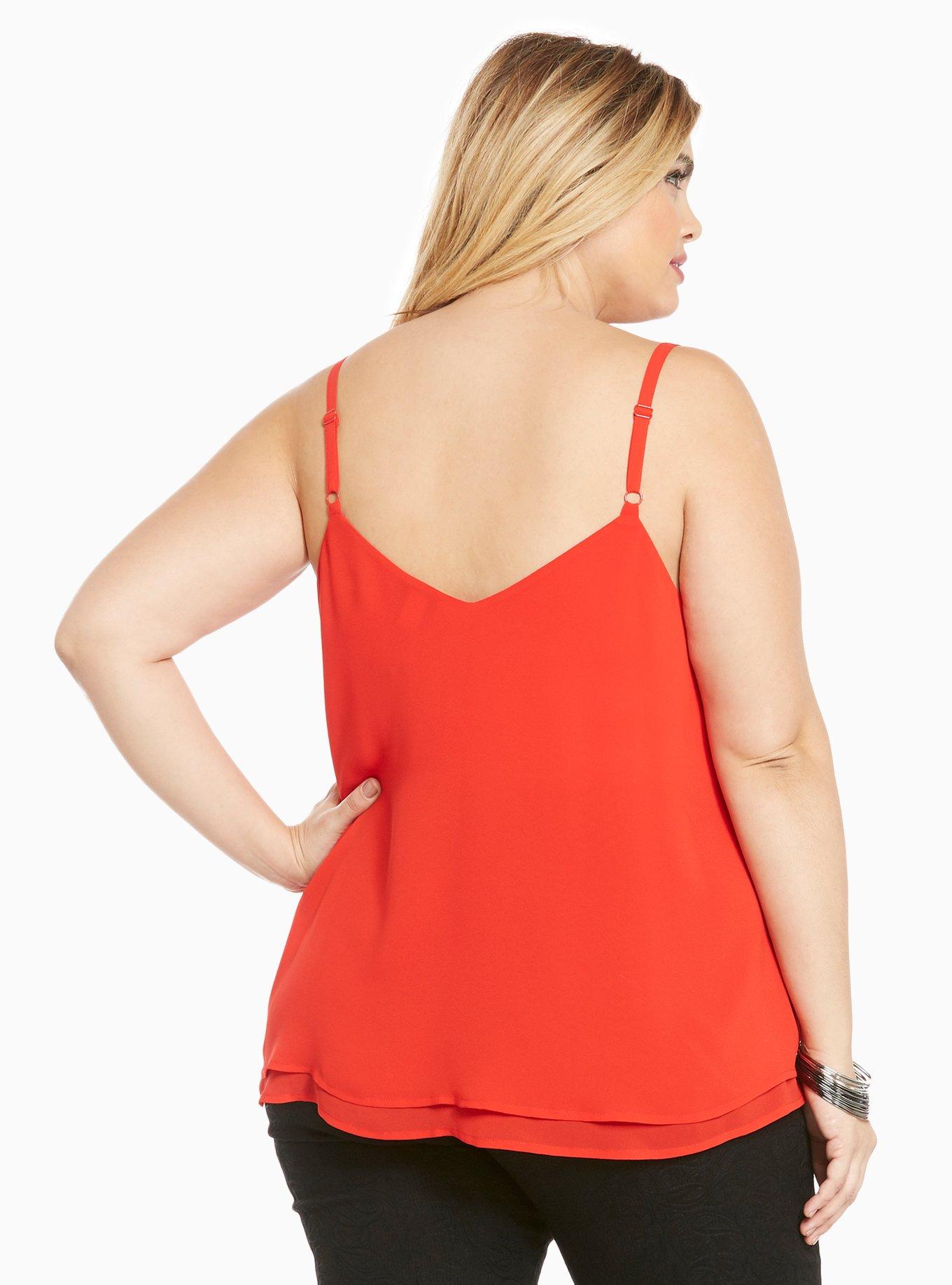 Plus Size Strappy Front Double Layered Chiffon Cami, RACING RED, alternate