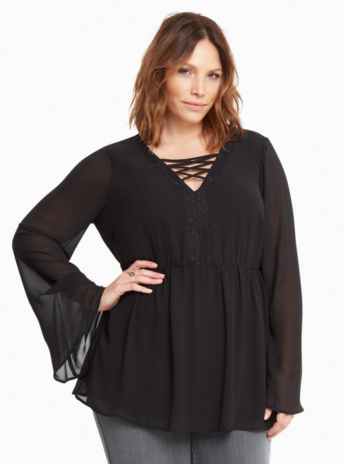 Plus Size Chiffon Lace Up Top, DEEP BLACK, hi-res