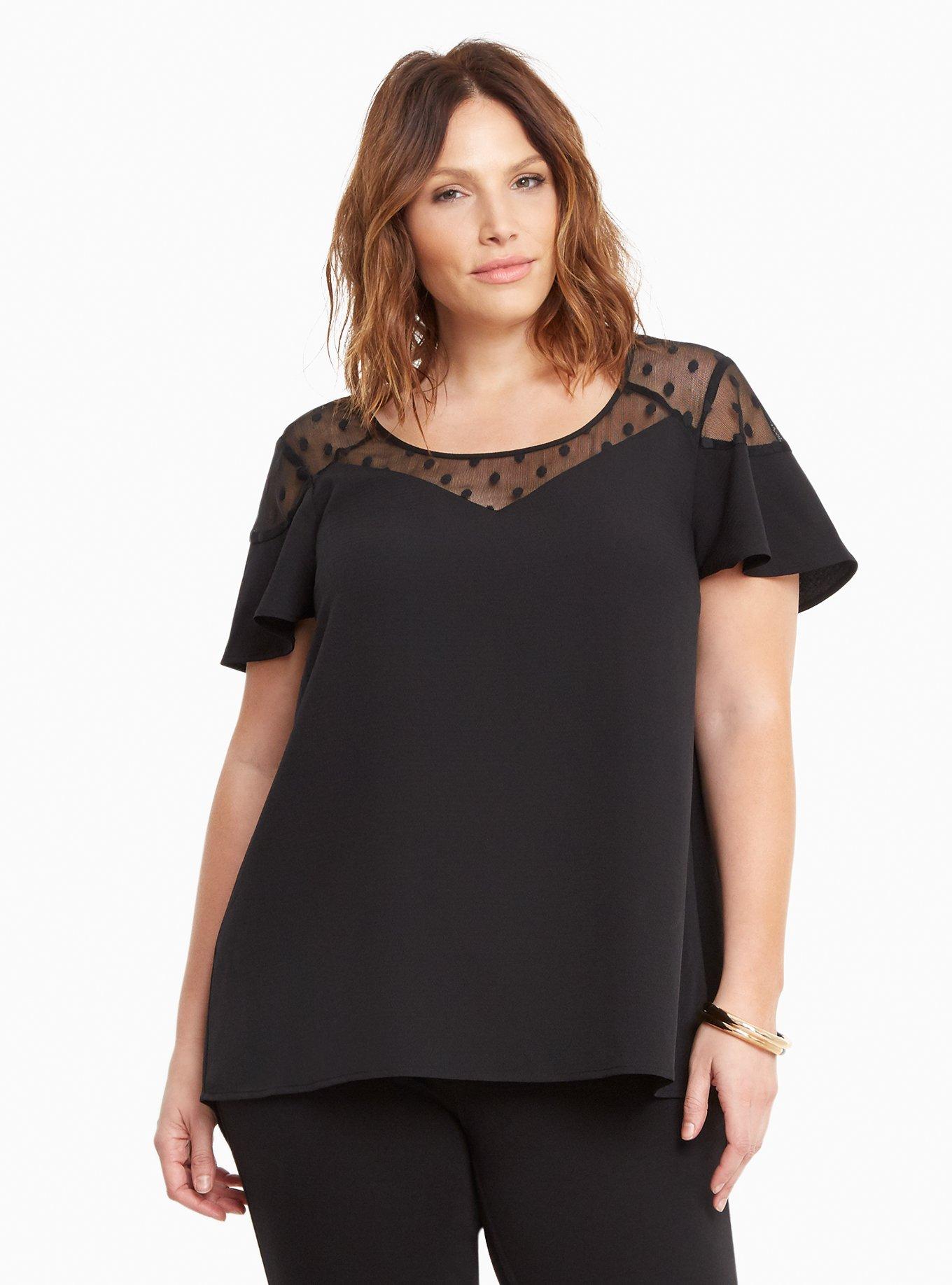 Plus Size - Crepe Mesh Dot Flutter Sleeve Top - Torrid