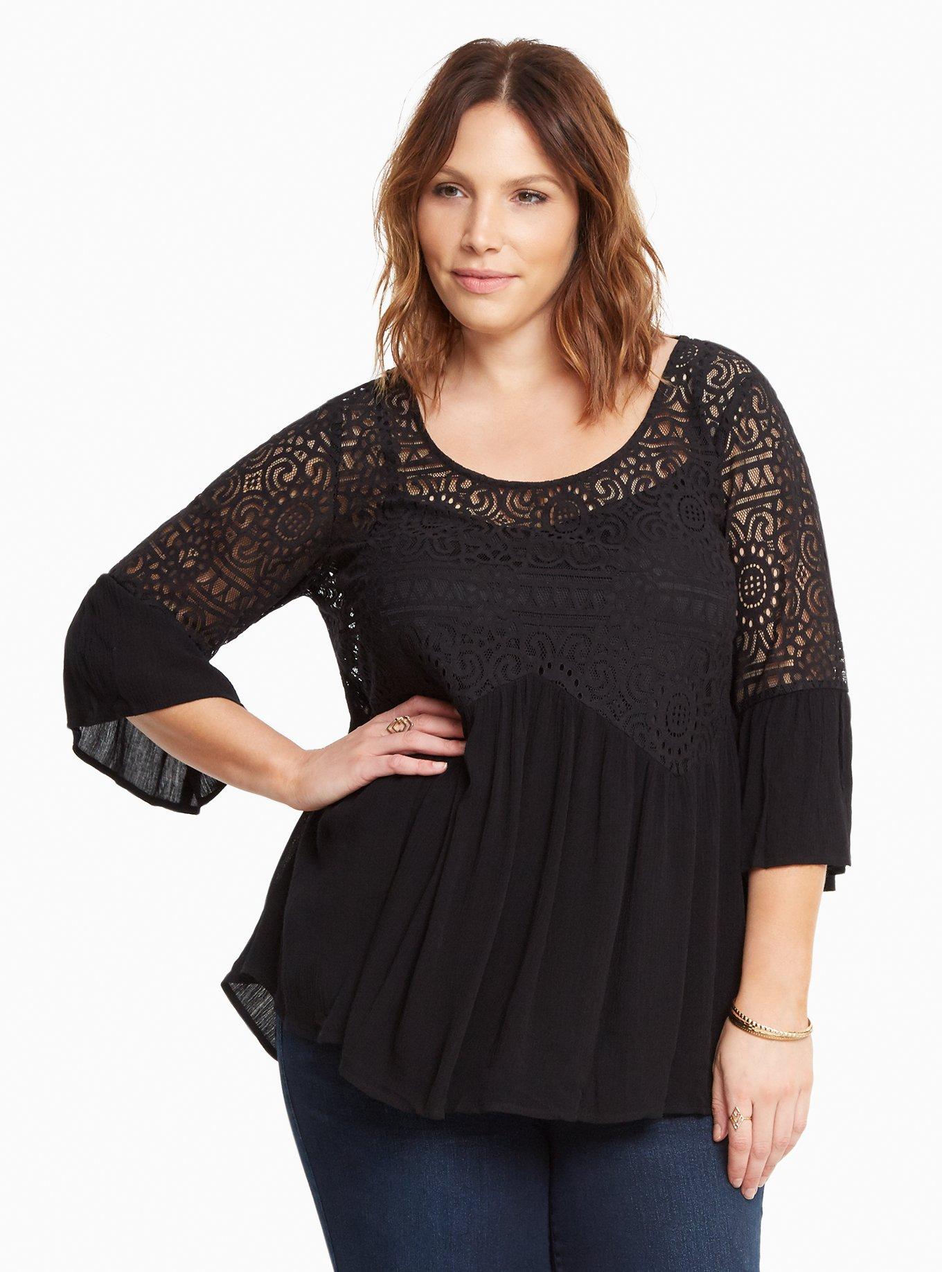 Plus Size - Gauze Lace Inset Bell Sleeve Top - Torrid