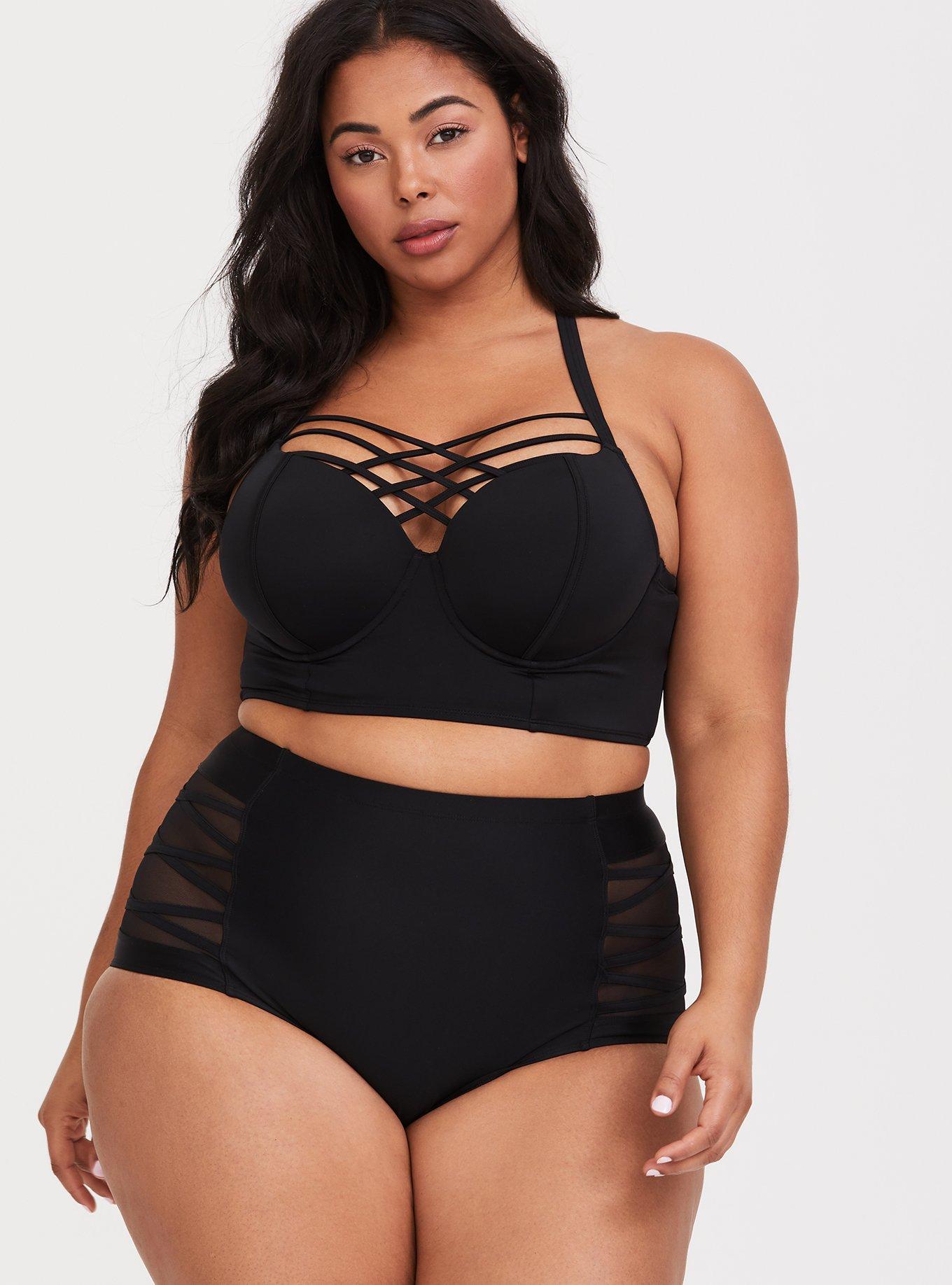 Plus Size - Black Floral Strappy Push-Up Balconette Bikini Top