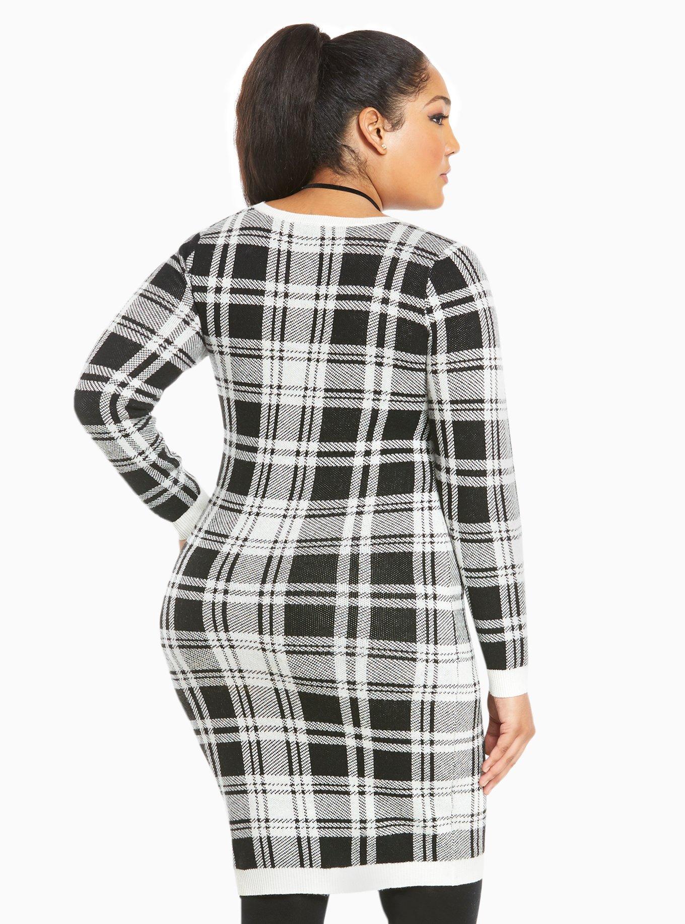 Plus Size Plaid Shift Sweater Dress, BLACK WHITE PLAID, alternate