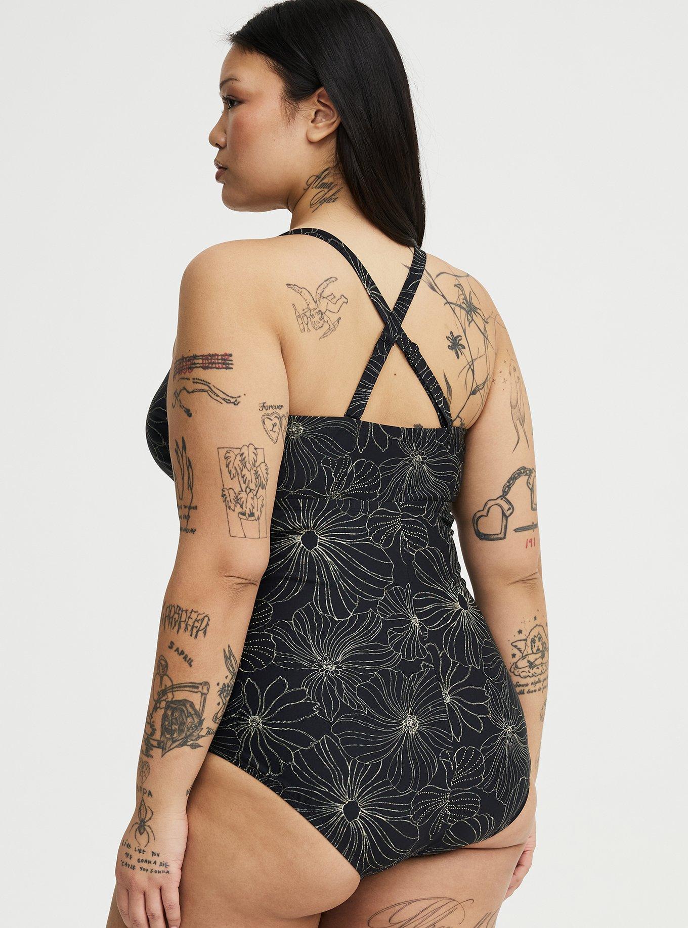 Slim Fix Lattice One Piece Swimsuit, TRACED FLORAL DEEP BLACK, alternate