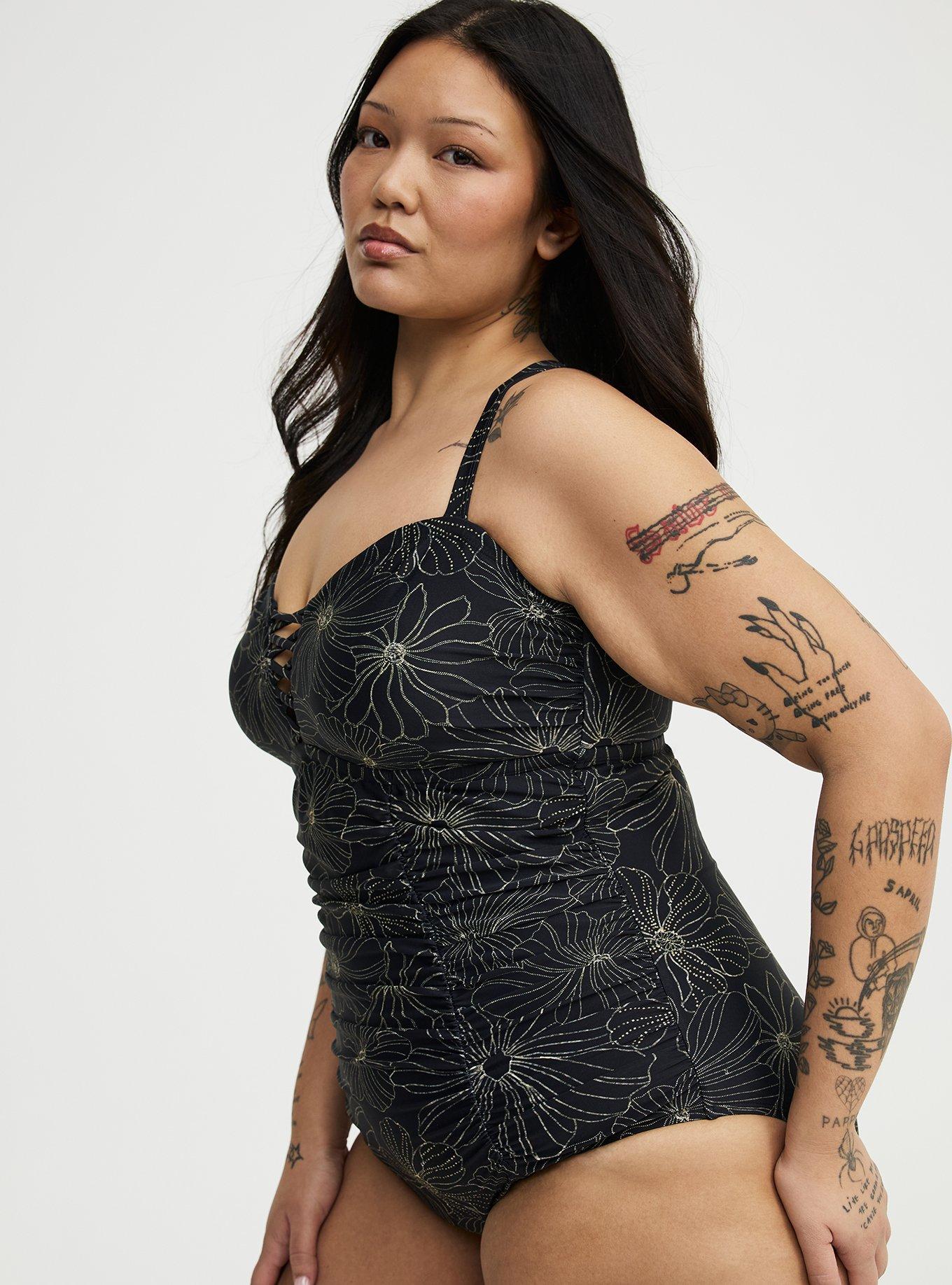 Slim Fix Lattice One Piece Swimsuit, TRACED FLORAL DEEP BLACK, alternate