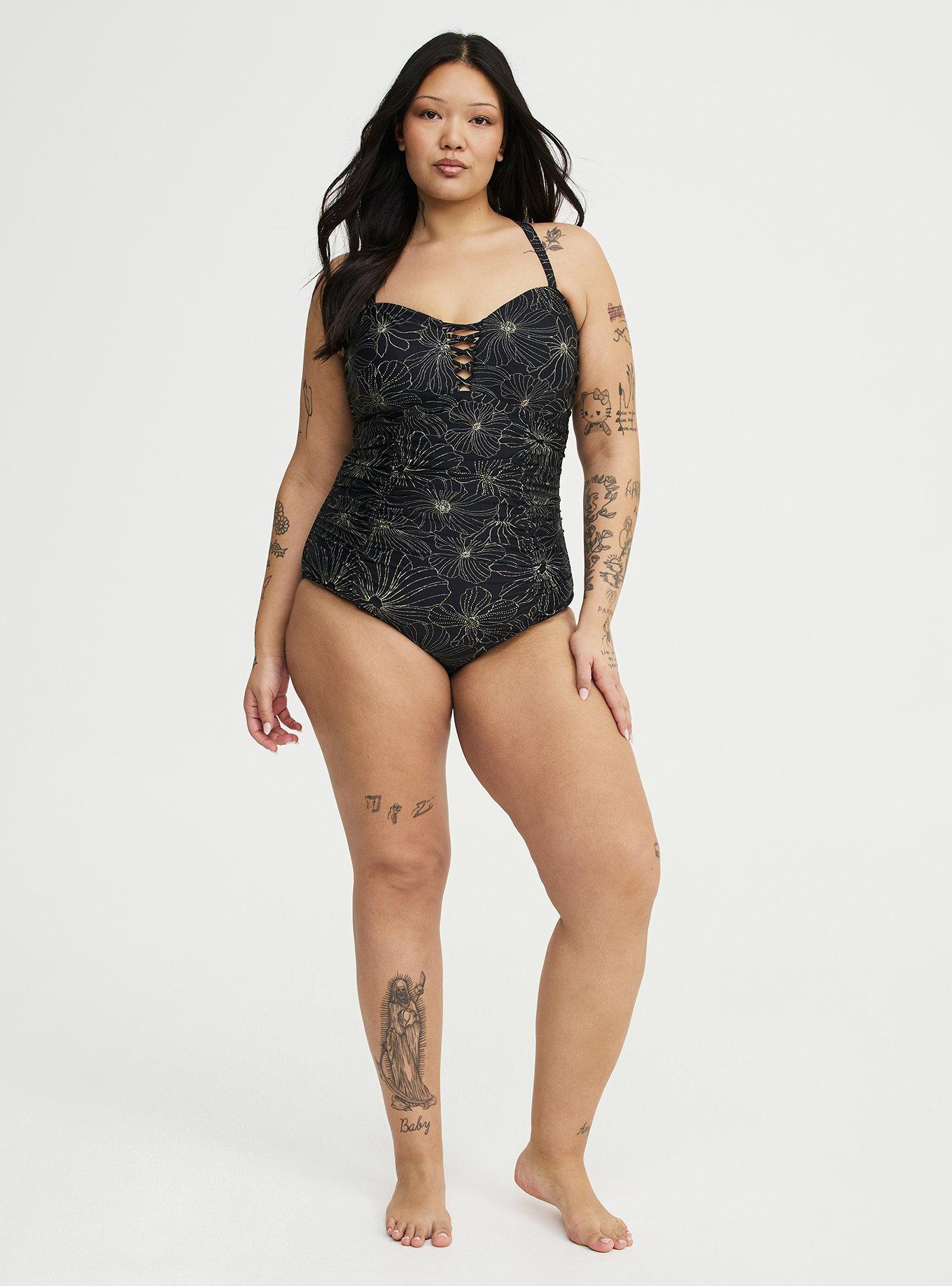 Slim Fix Lattice One Piece Swimsuit, TRACED FLORAL DEEP BLACK, alternate