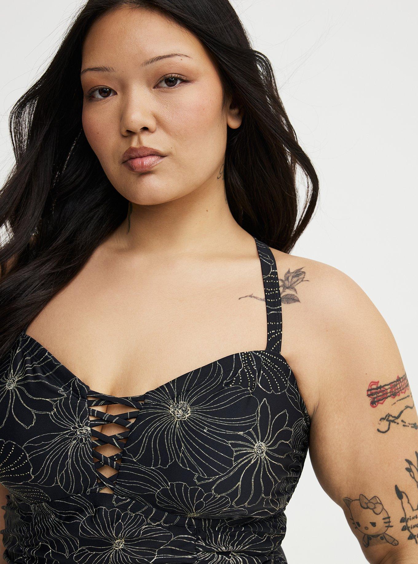 Slim Fix Lattice One Piece Swimsuit, TRACED FLORAL DEEP BLACK, alternate