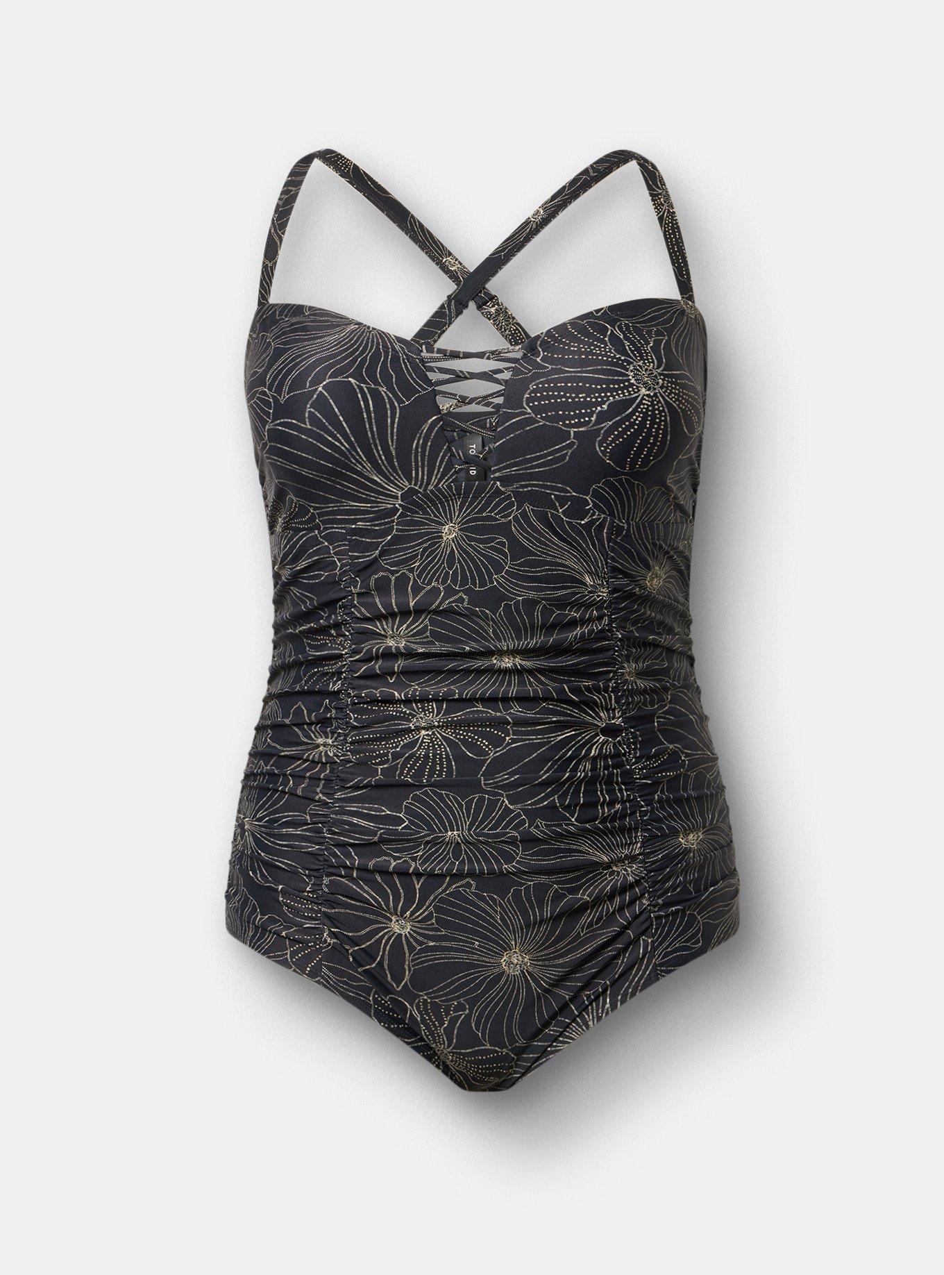 Slim Fix Lattice One Piece Swimsuit, TRACED FLORAL DEEP BLACK, hi-res