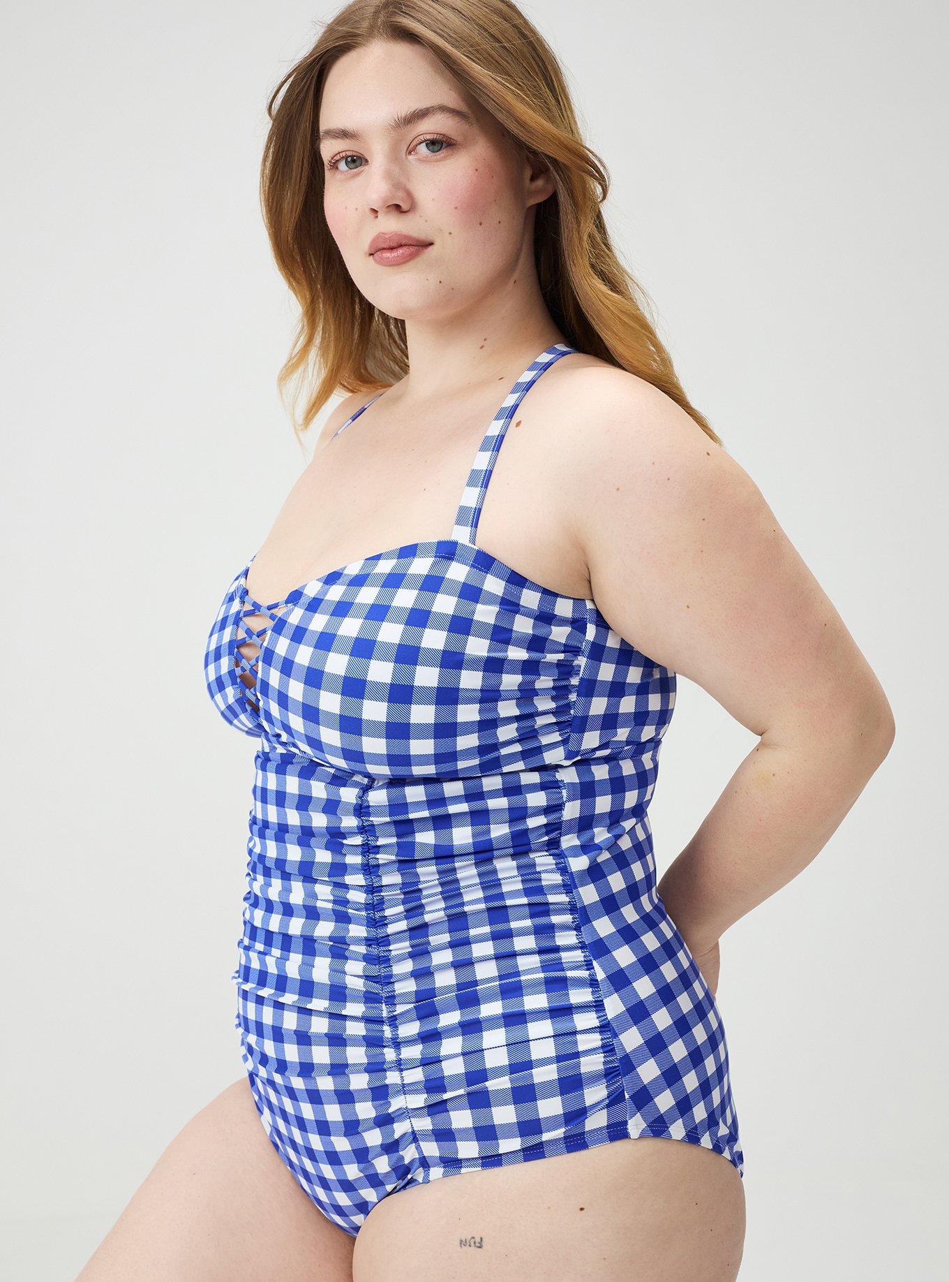 Slim Fix Lattice One Piece Swimsuit, LOVELY GINGHAM BLUE, alternate