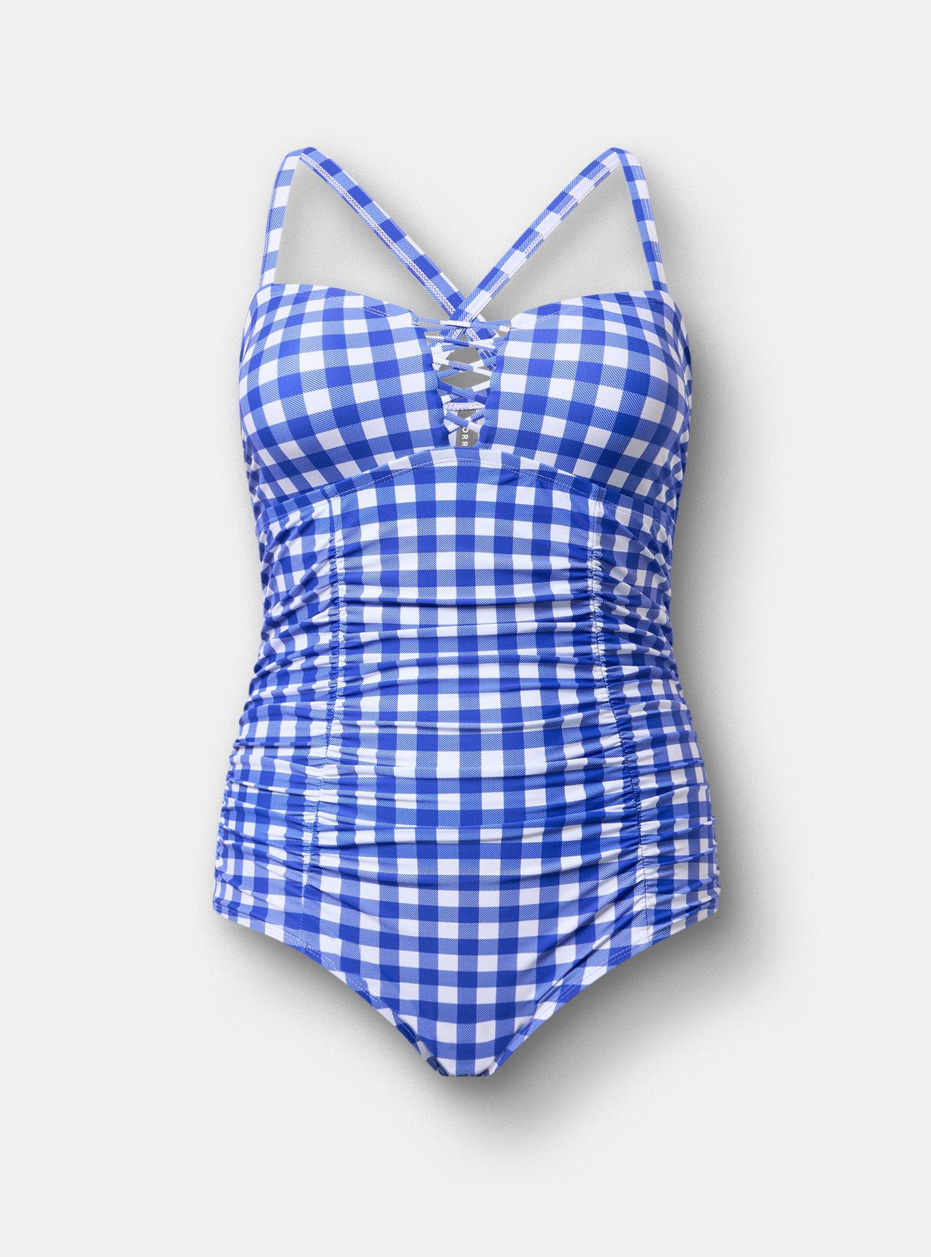 Slim Fix Lattice One Piece Swimsuit, LOVELY GINGHAM BLUE, hi-res